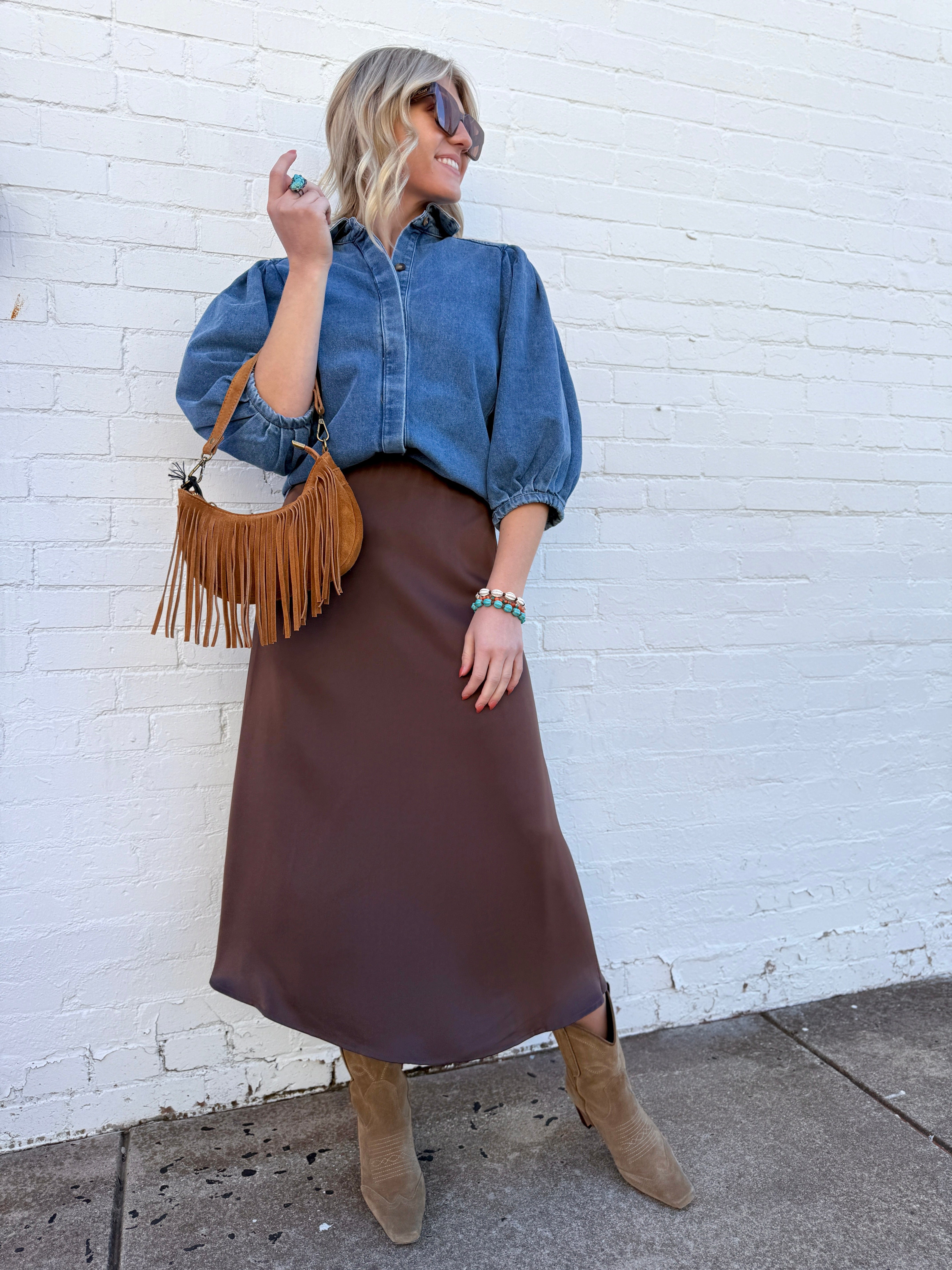 TABA Bottoms - Skirts Bias Cut Satin Skirt In Coffee