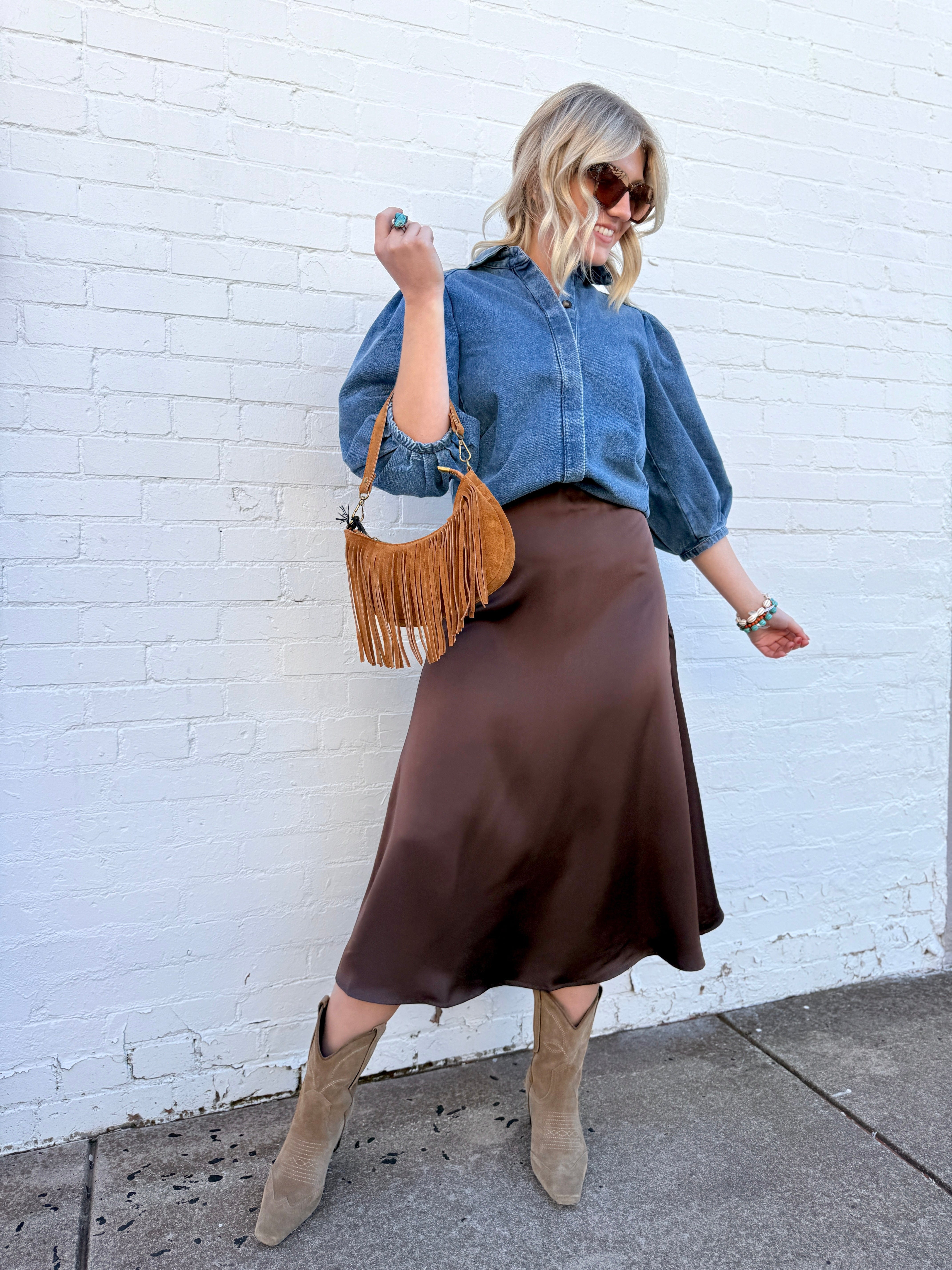 TABA Bottoms - Skirts Bias Cut Satin Skirt In Coffee