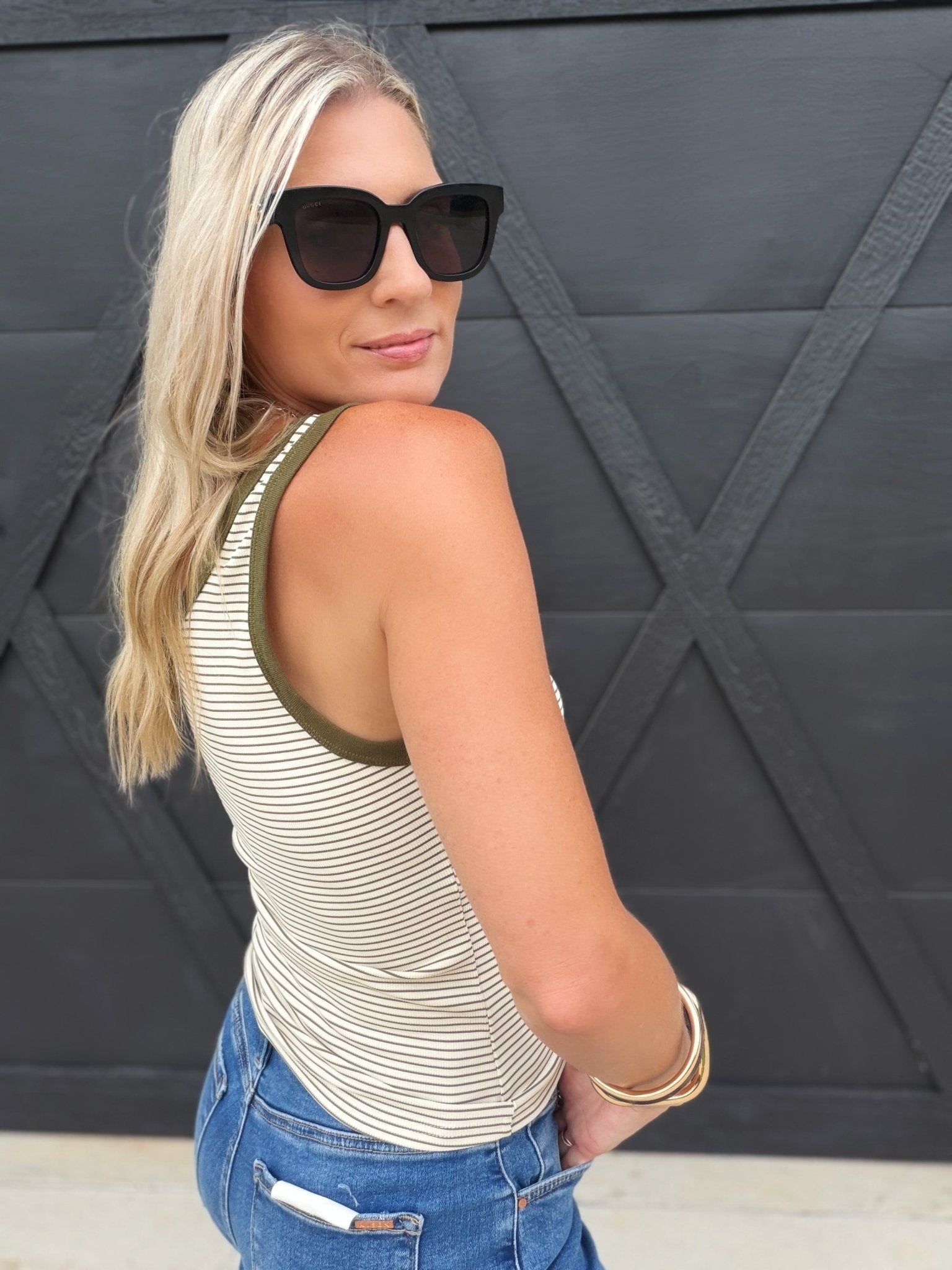 Taxi Lights Stripe Tank In Olive Cream - Infinity Raine