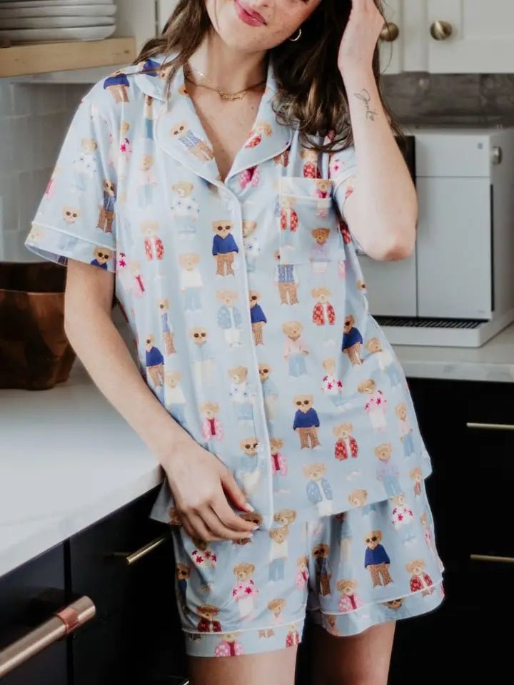 Teddy Bear Loungewear Short Set In Blue - Infinity Raine