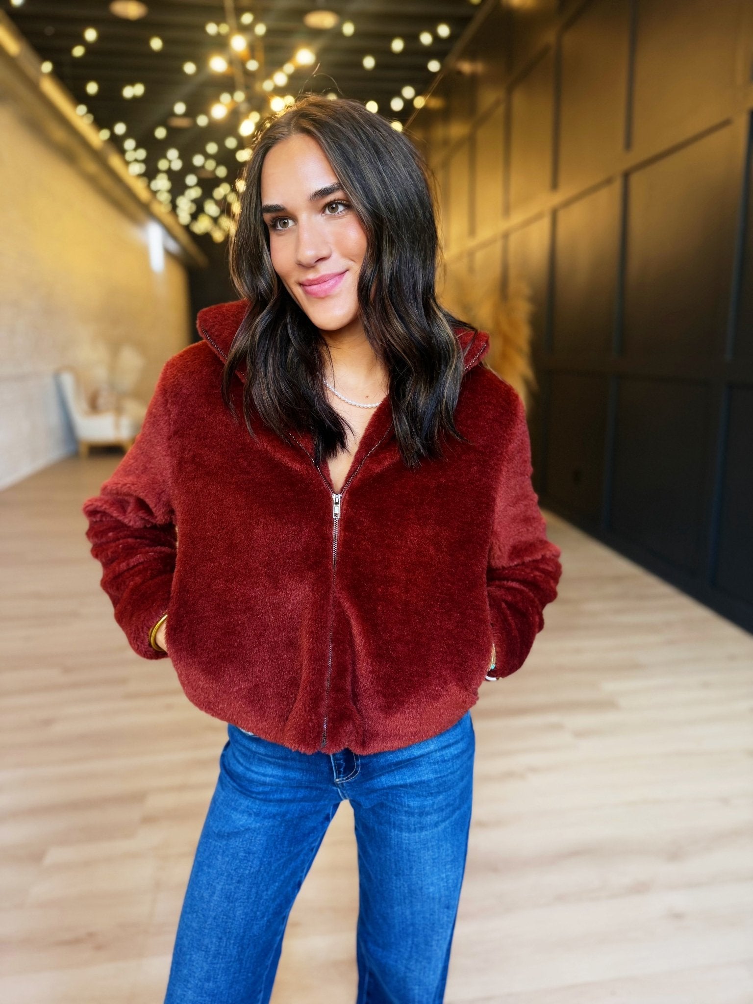 Teddy Faux Fur Jacket In Burgundy - Infinity Raine