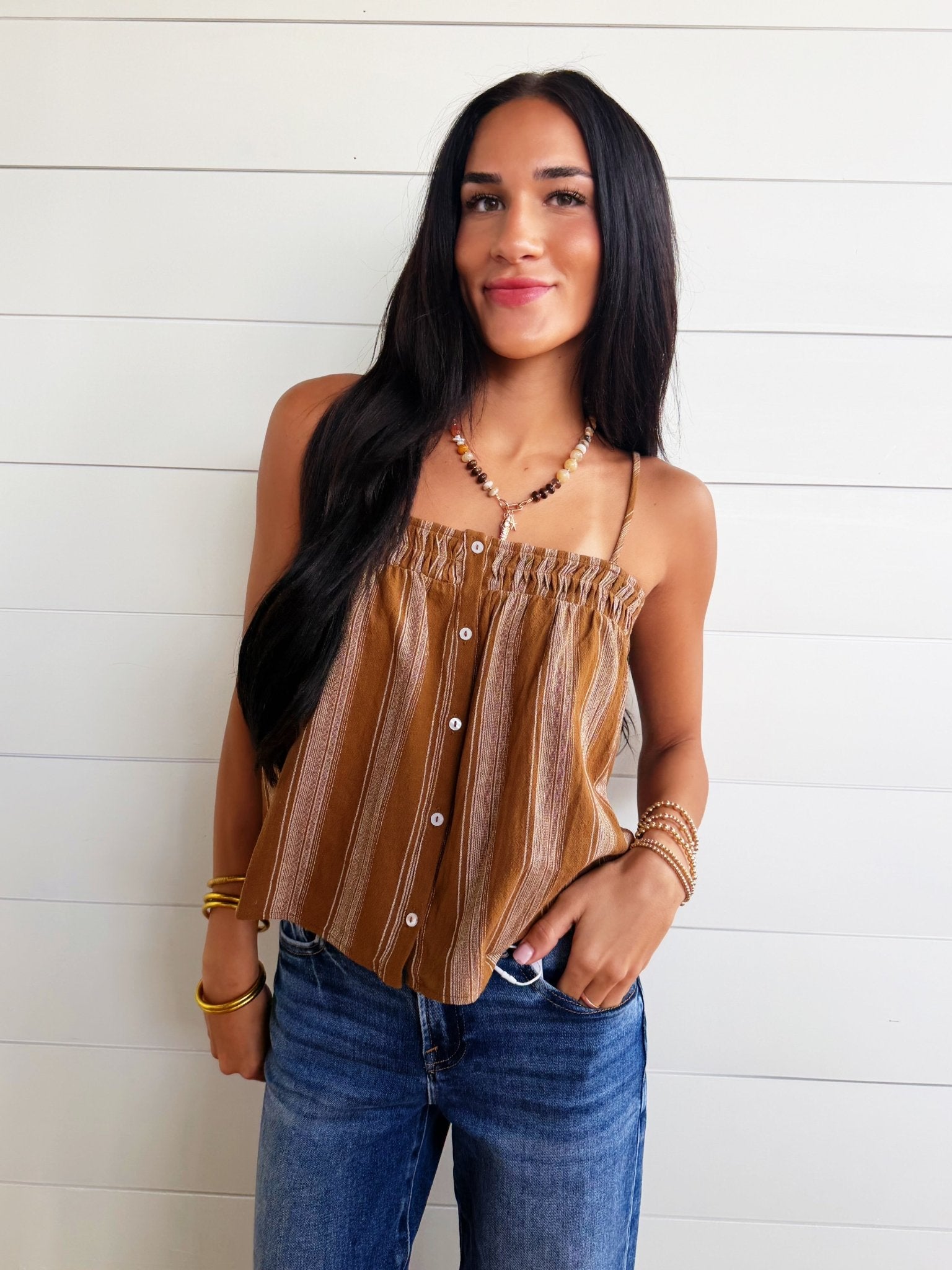 Terra Rose Button Front Cami In Camel Brown - Infinity Raine