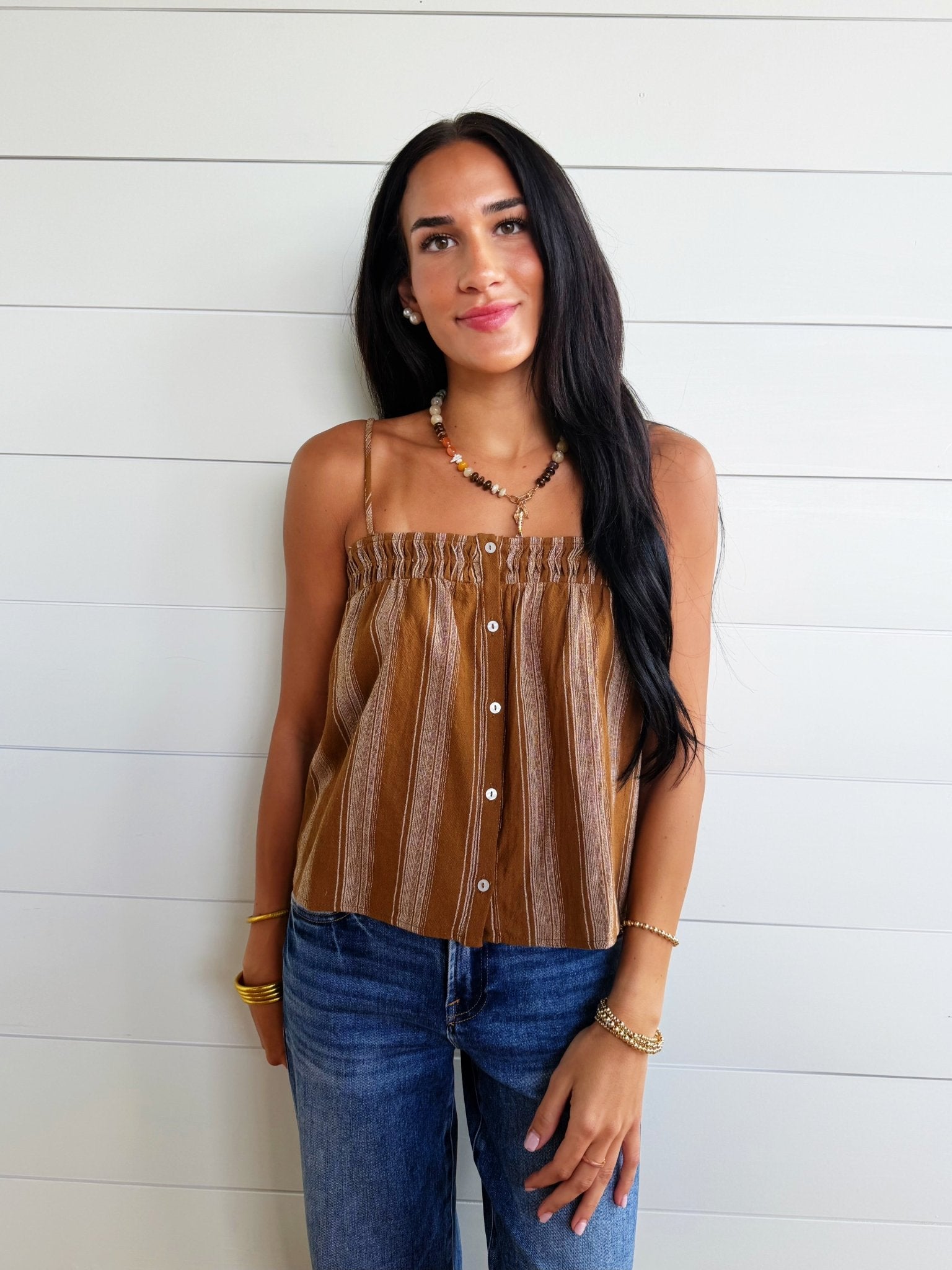 Terra Rose Button Front Cami In Camel Brown - Infinity Raine