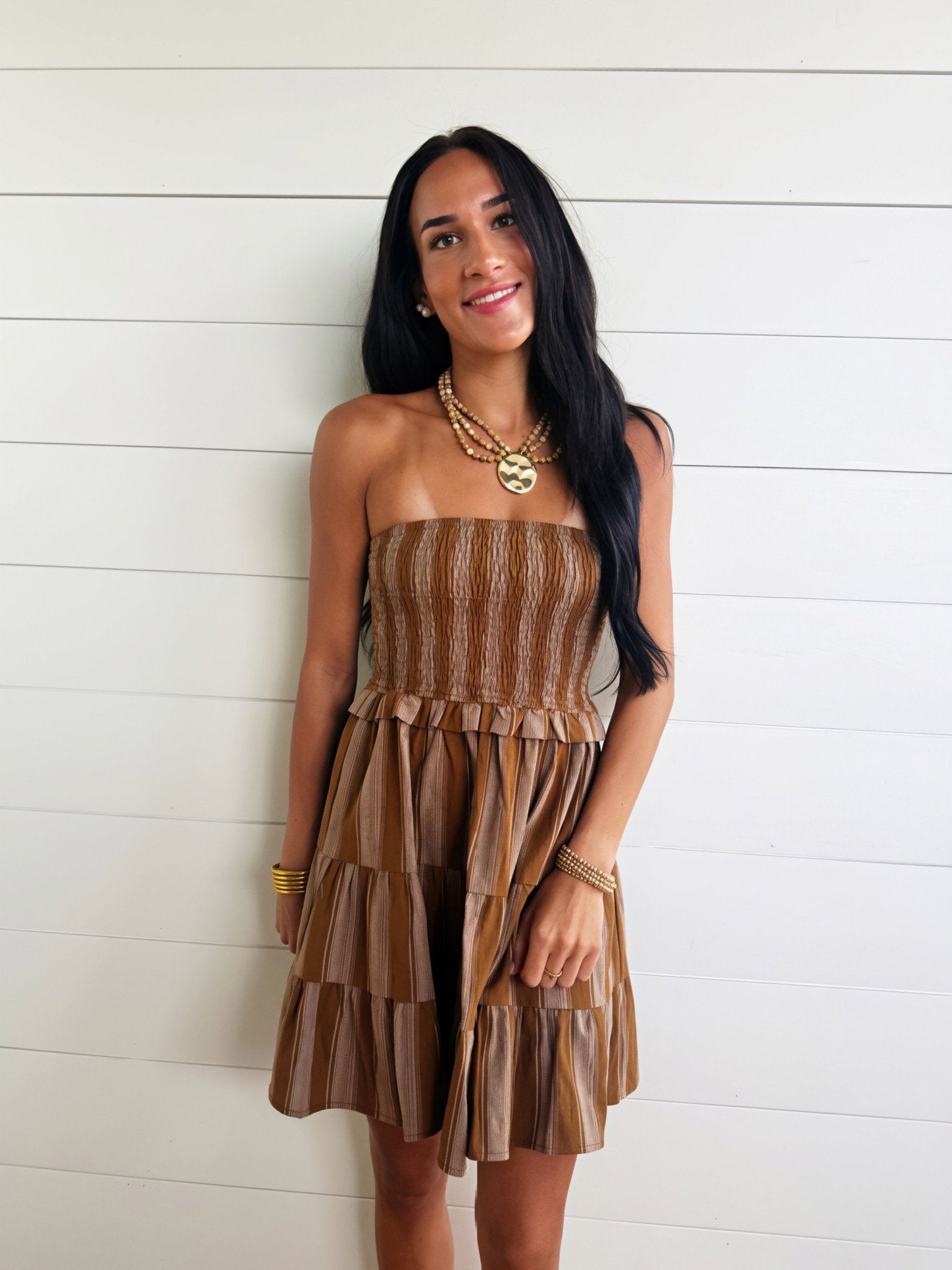 Terra Rose Tube Smocked Mini Dress In Camel Brown M