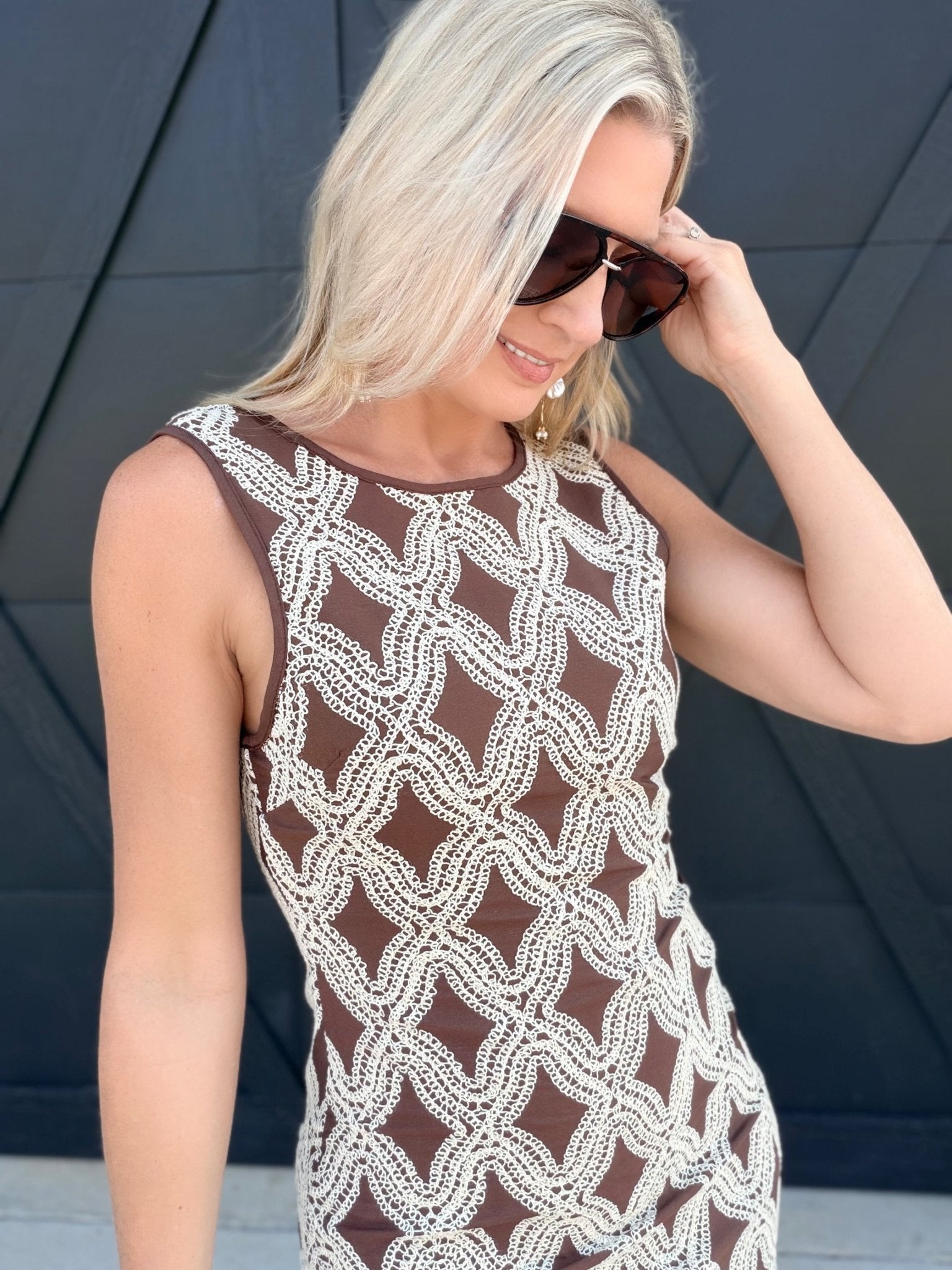 Textured Geometric Sleeveless Mini Dress In Chocolate Brown - Infinity Raine
