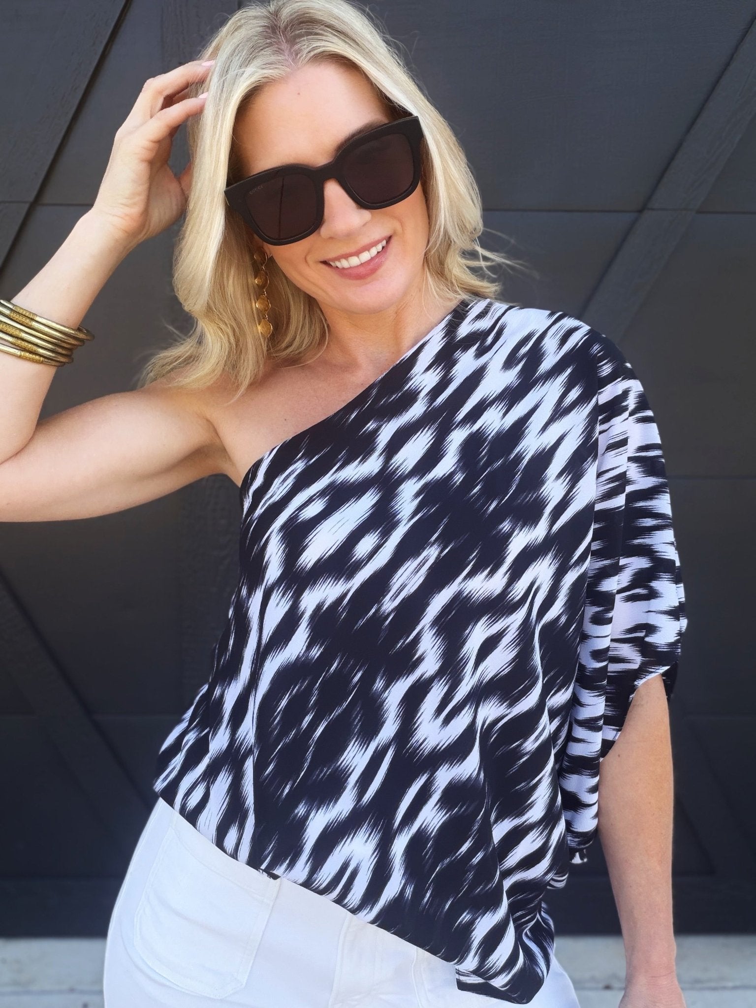 Textured Slouchy One Shoulder Top In Black - Infinity Raine