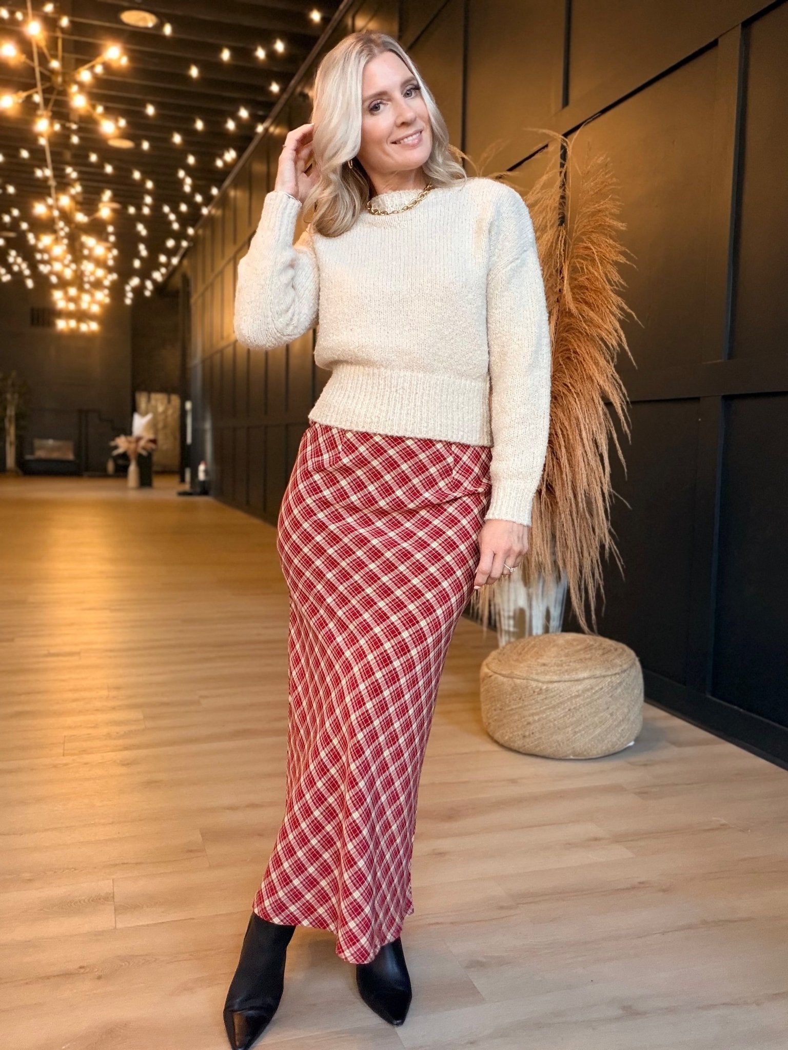 The Hostess Plaid Midi Skirt In Red - Infinity Raine
