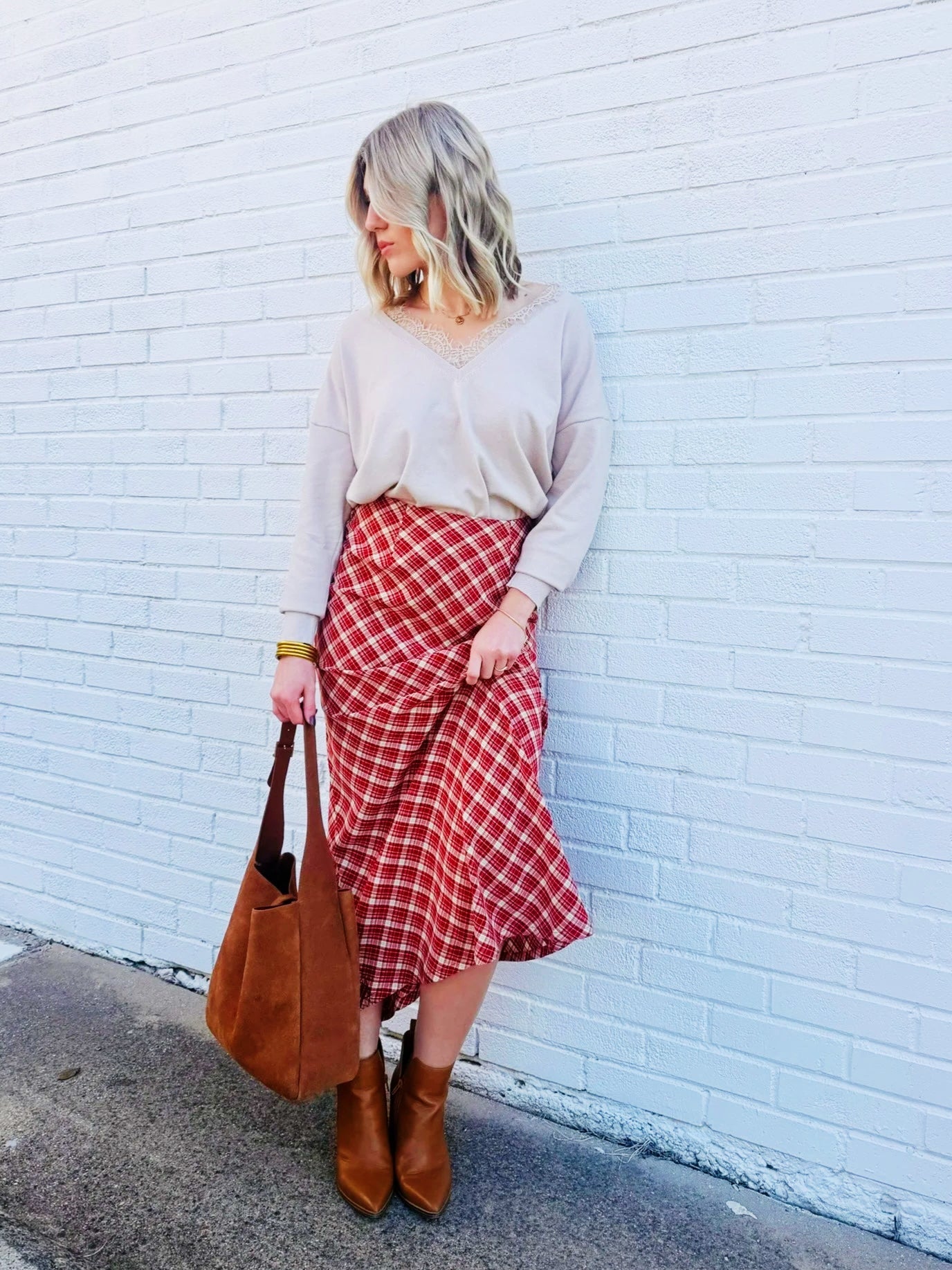The Hostess Plaid Midi Skirt In Red - Infinity Raine