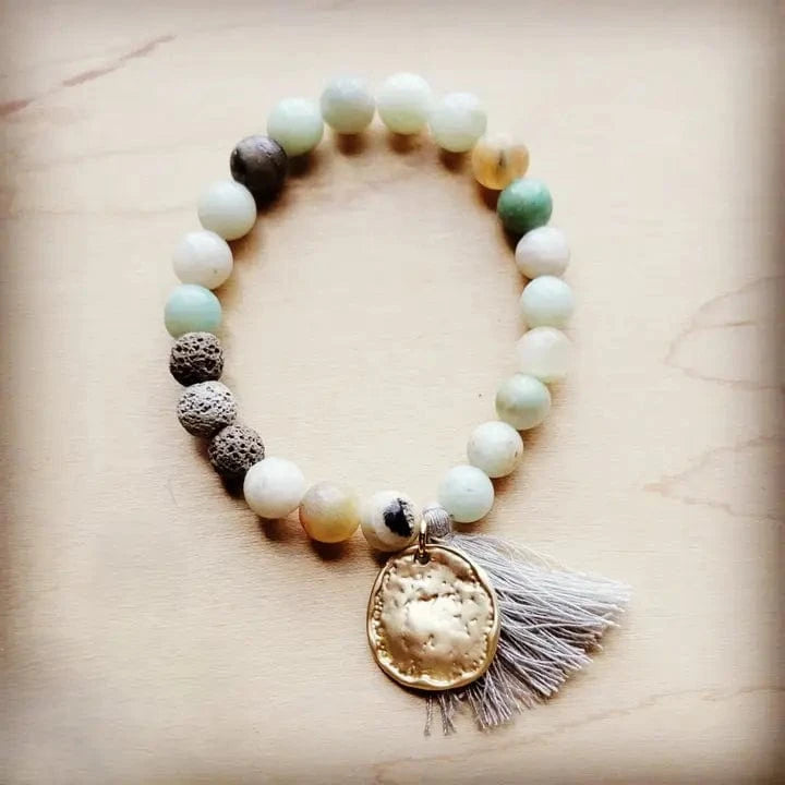 The Jewelry Junkie Jewelry - Bracelets Amazonite Stretch Beaded Tassel Charm Bracelet 08006134