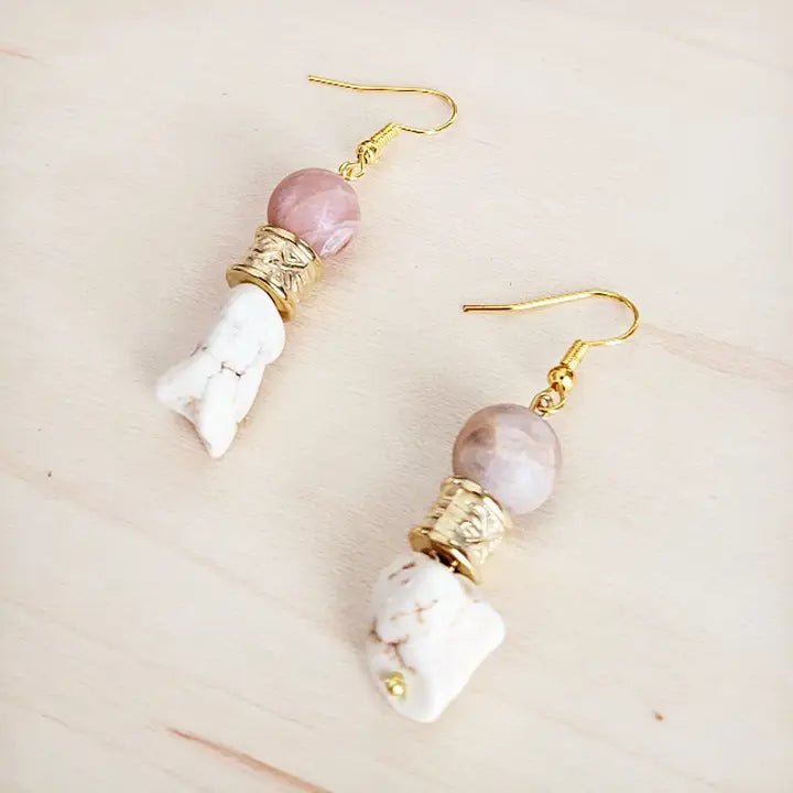 Frosted Sunstone & White Turquoise Drop Earrings In Gold - Infinity Raine