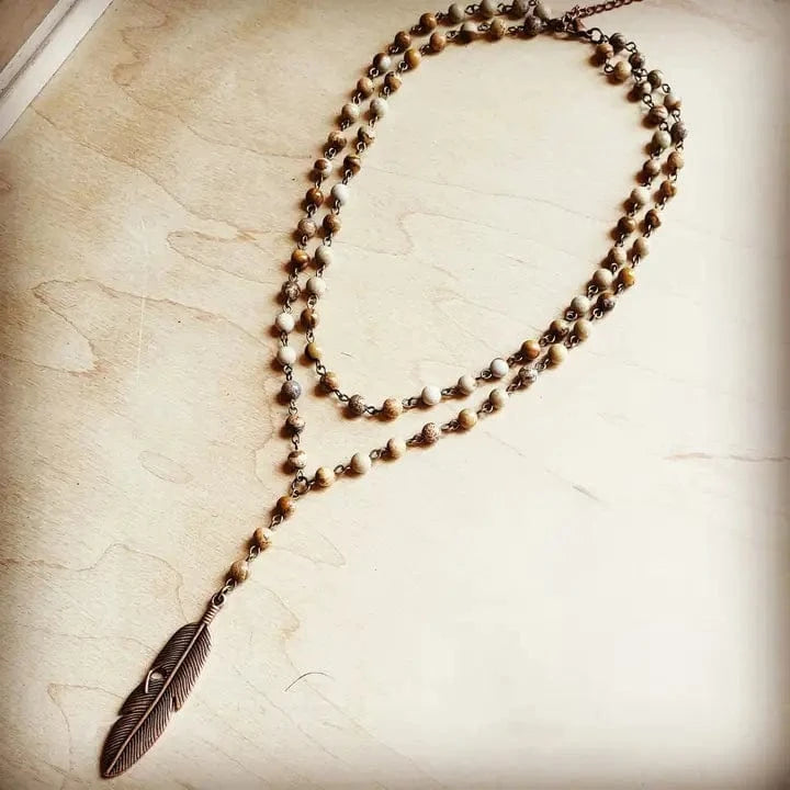 The Jewelry Junkie Jewelry - Necklaces Double Strand Lariat Jasper Feather Necklace 96192758