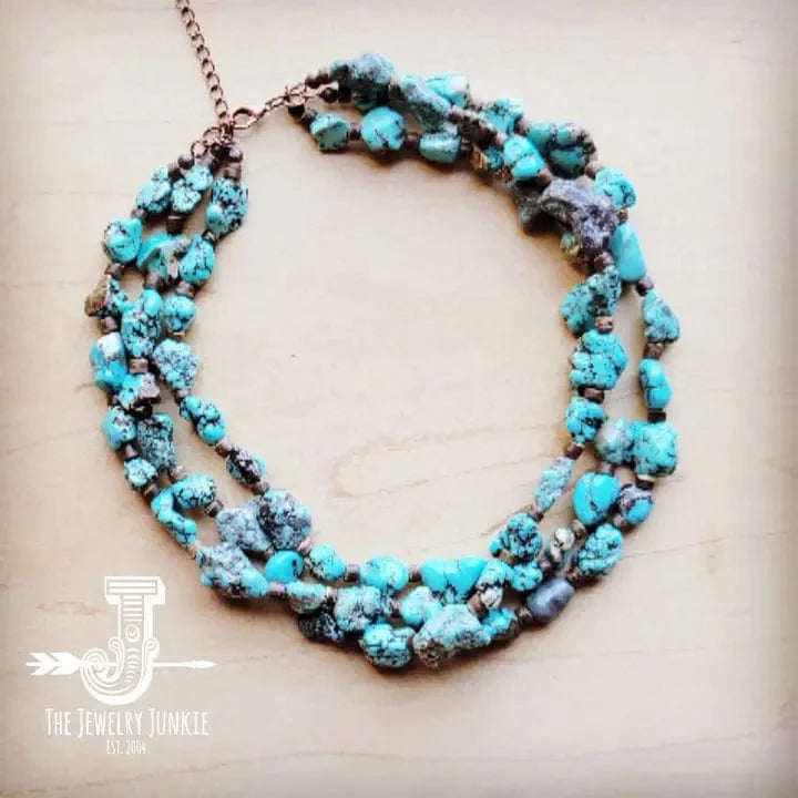 Large Triple Strand Blue Turquoise & Wood Necklace - Infinity Raine