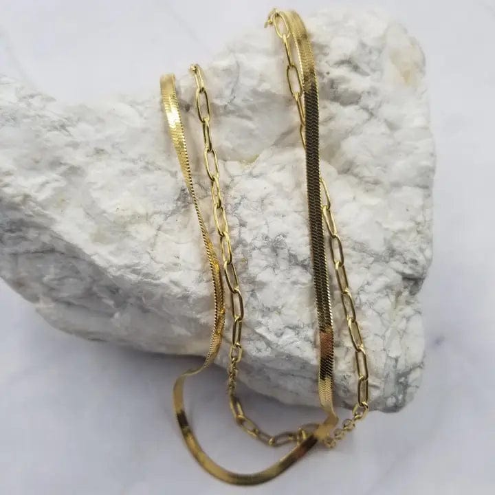 The Pretty Jewellery Jewelry - Necklaces Layer Herring Bone & Paper Clip Chain Necklace In Gold