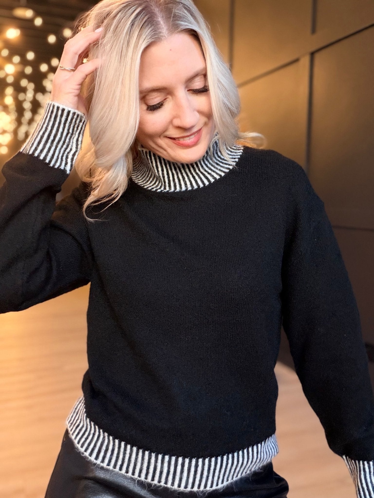 The Stacey Contrast Rib Sweater In Black Ivory - Infinity Raine