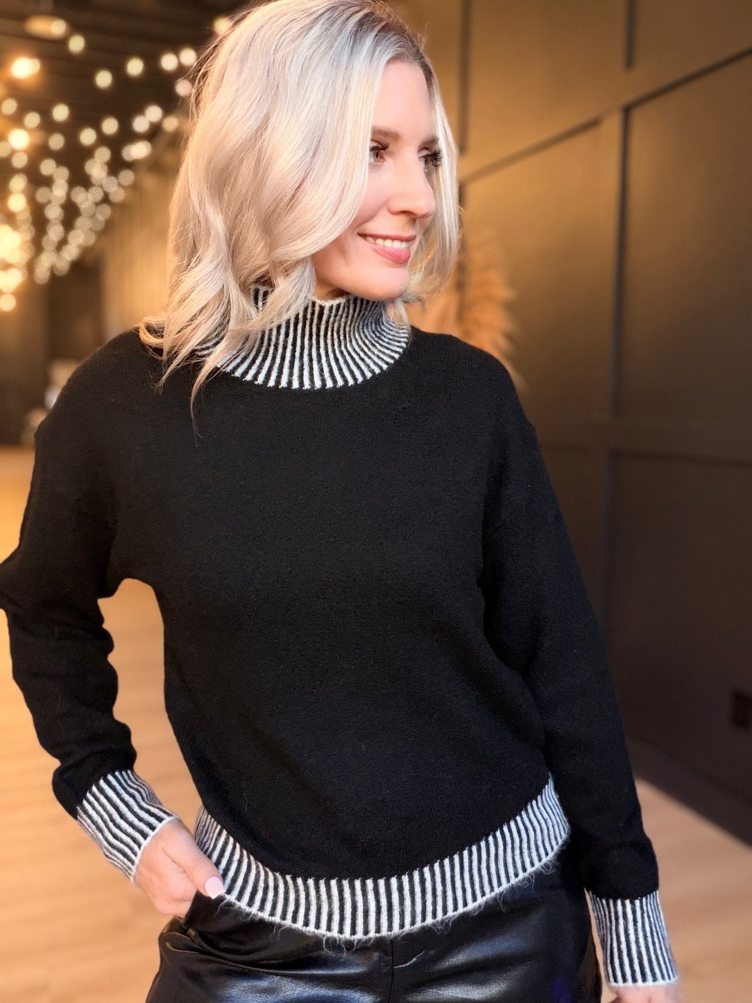 The Stacey Contrast Rib Sweater In Black Ivory - Infinity Raine