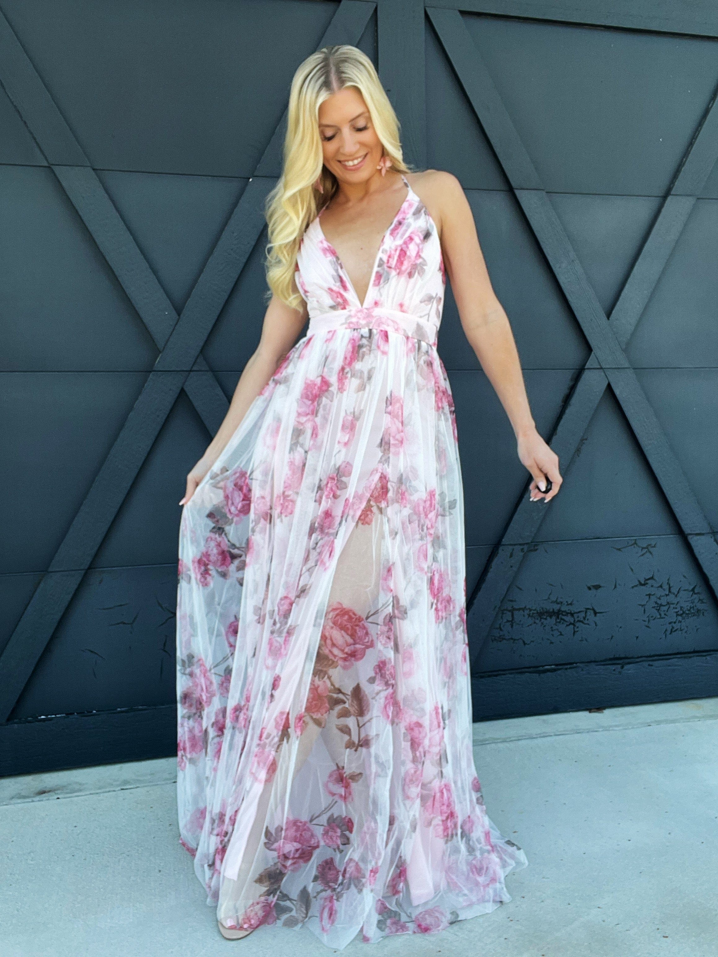 Mesh Floral Maxi Dress In Pink - Infinity Raine