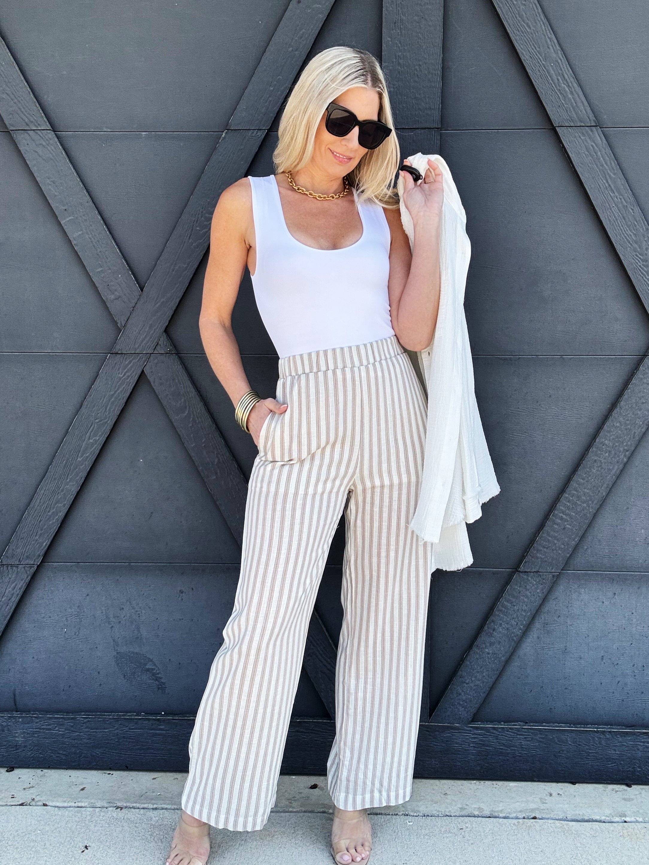 Stripe Wide Leg Pants In Khaki - Infinity Raine