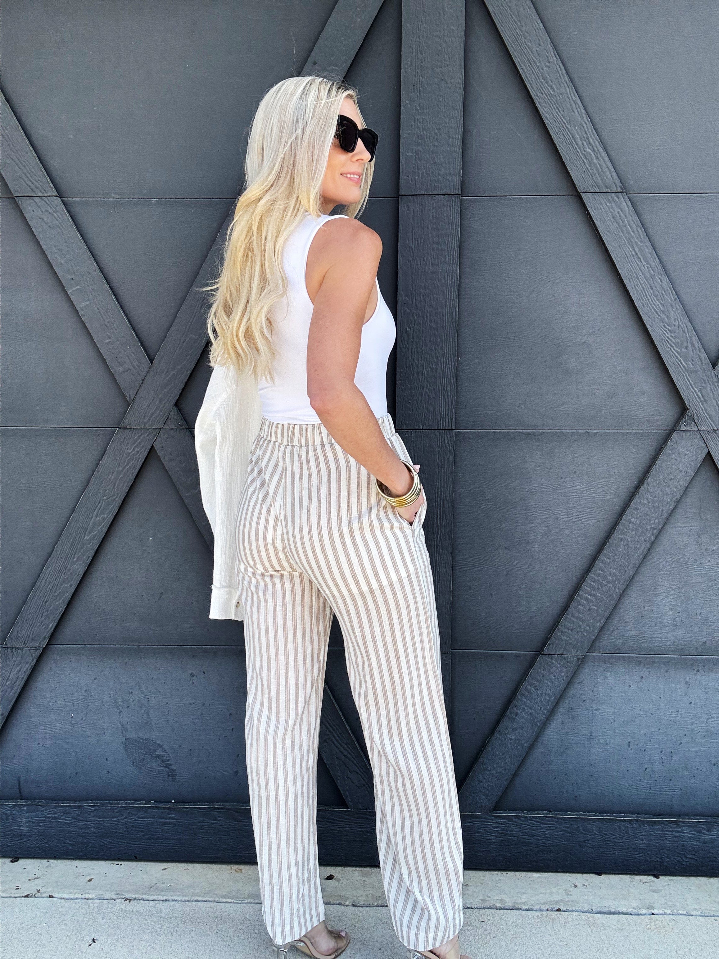 Stripe Wide Leg Pants In Khaki - Infinity Raine