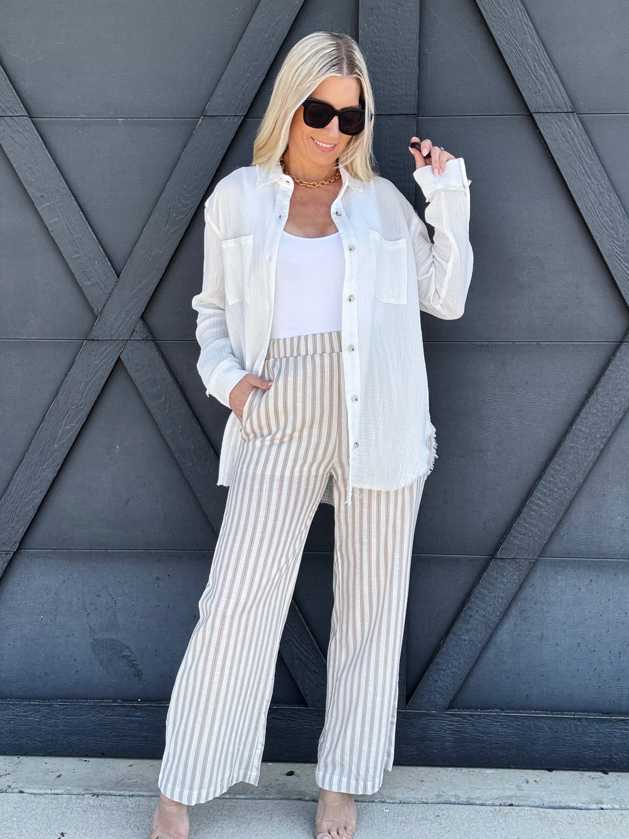 Stripe Wide Leg Pants In Khaki - Infinity Raine