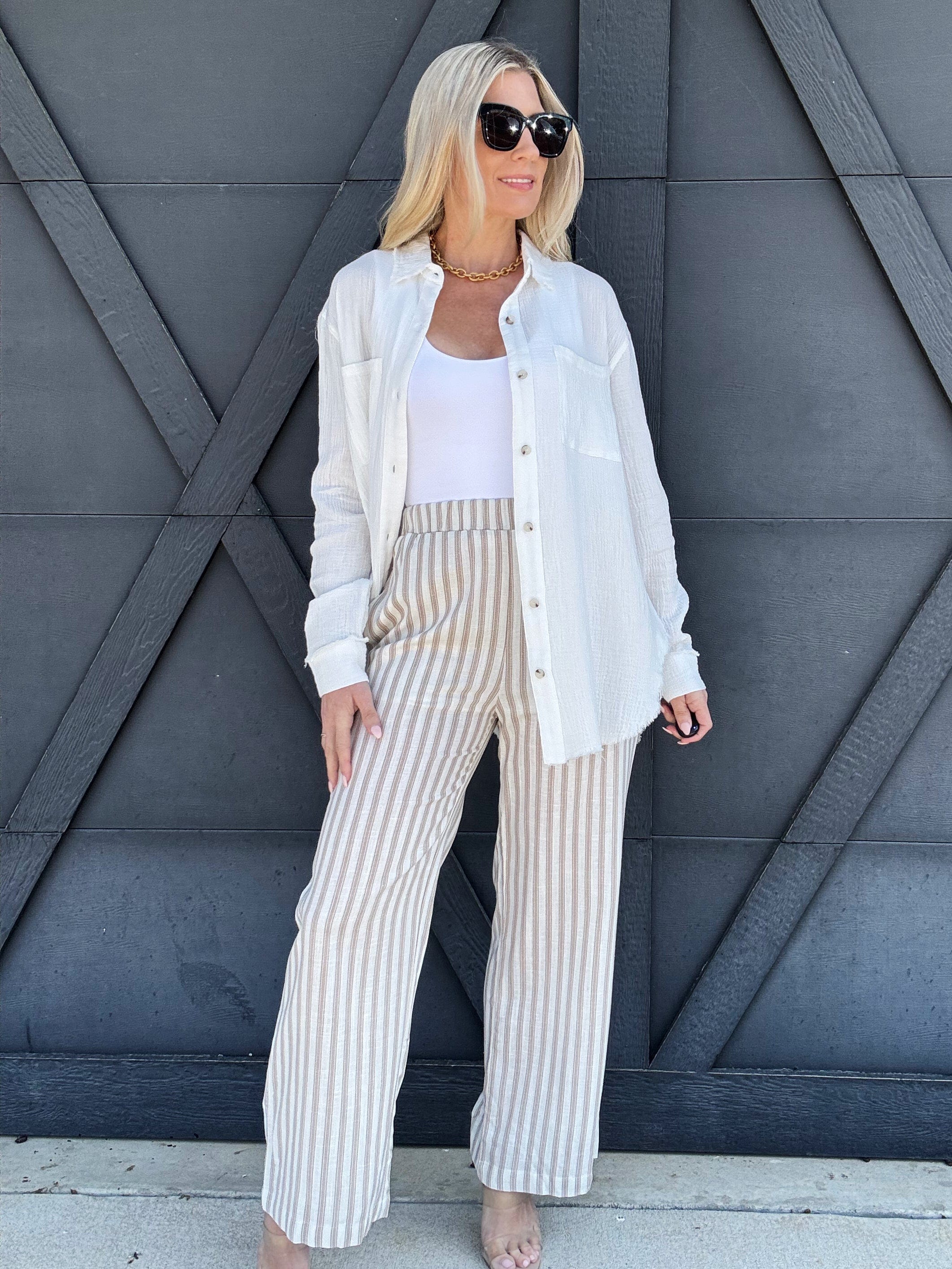 Stripe Wide Leg Pants In Khaki - Infinity Raine