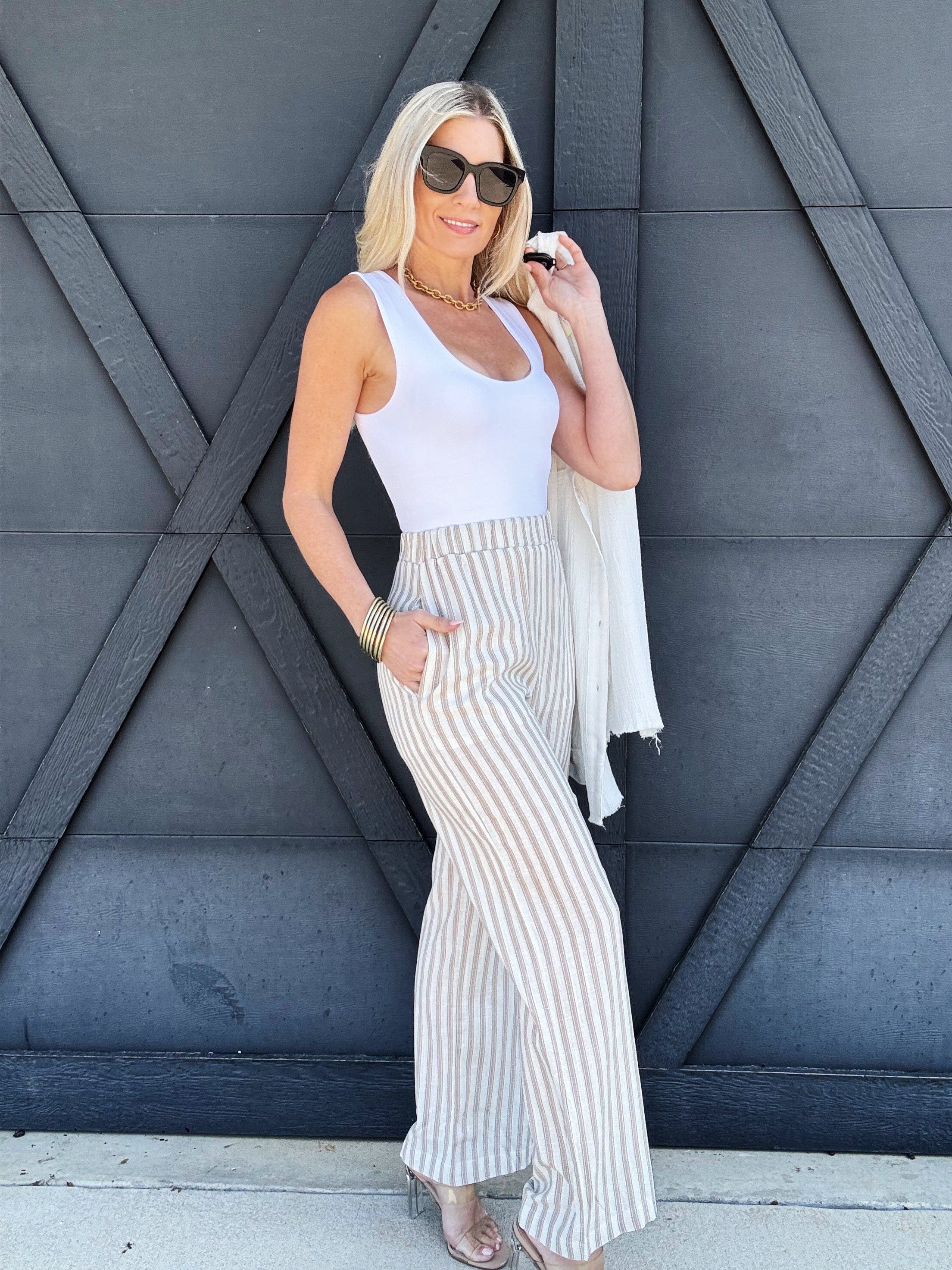 Stripe Wide Leg Pants In Khaki - Infinity Raine