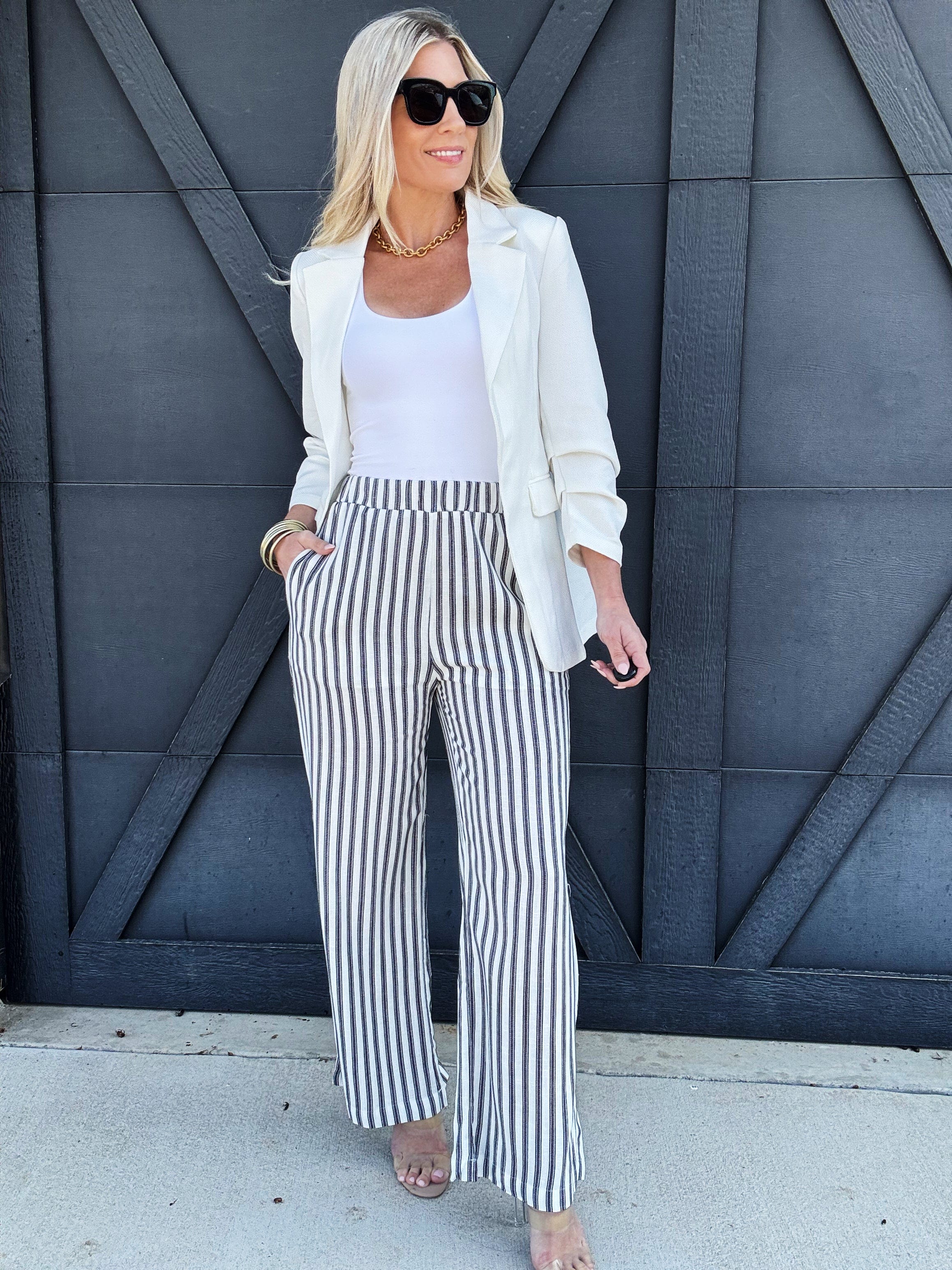Stripe Wide Leg Pants In Navy - Infinity Raine