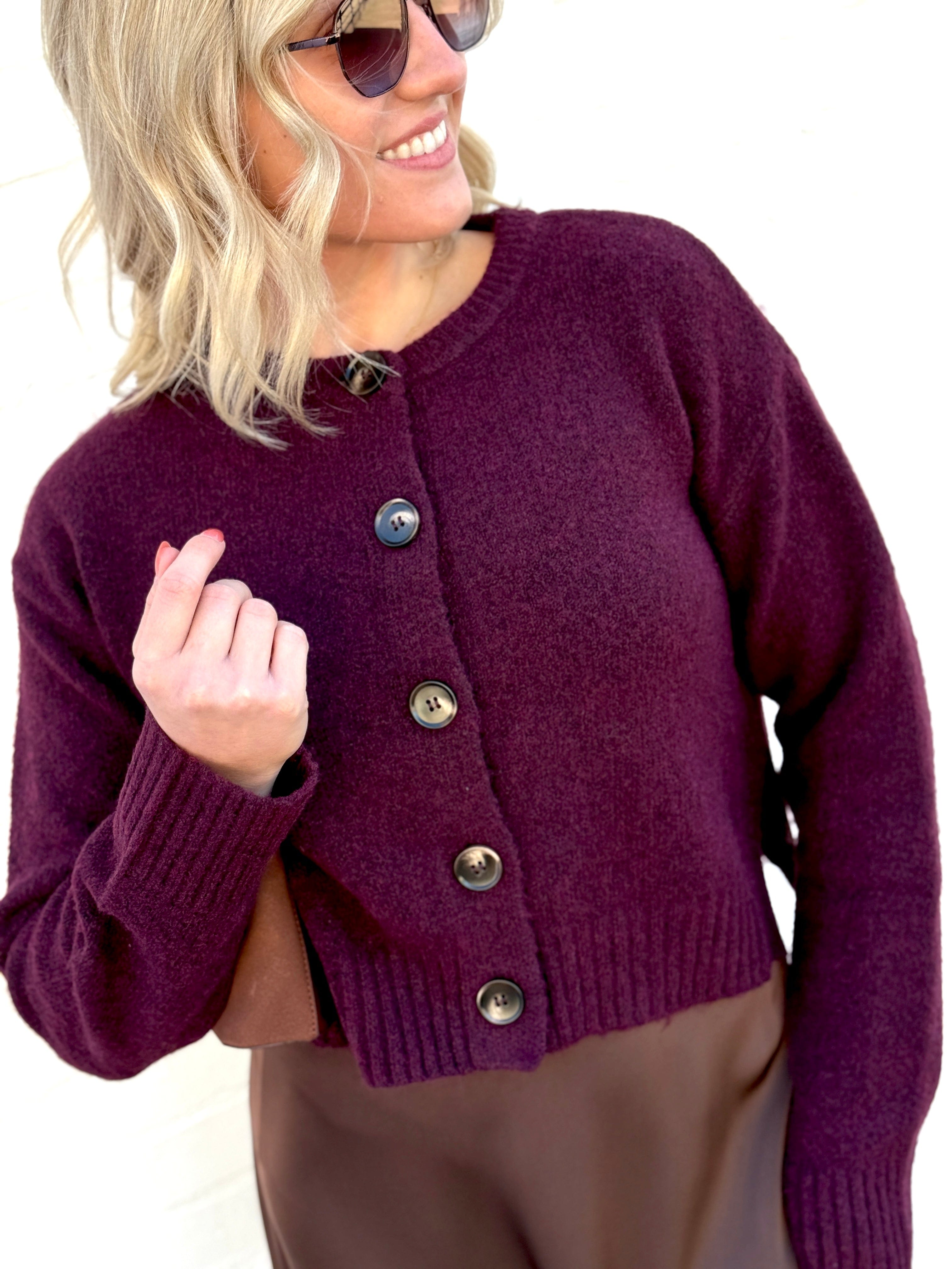 Side Split Knit Cardigan In Plum - Infinity Raine