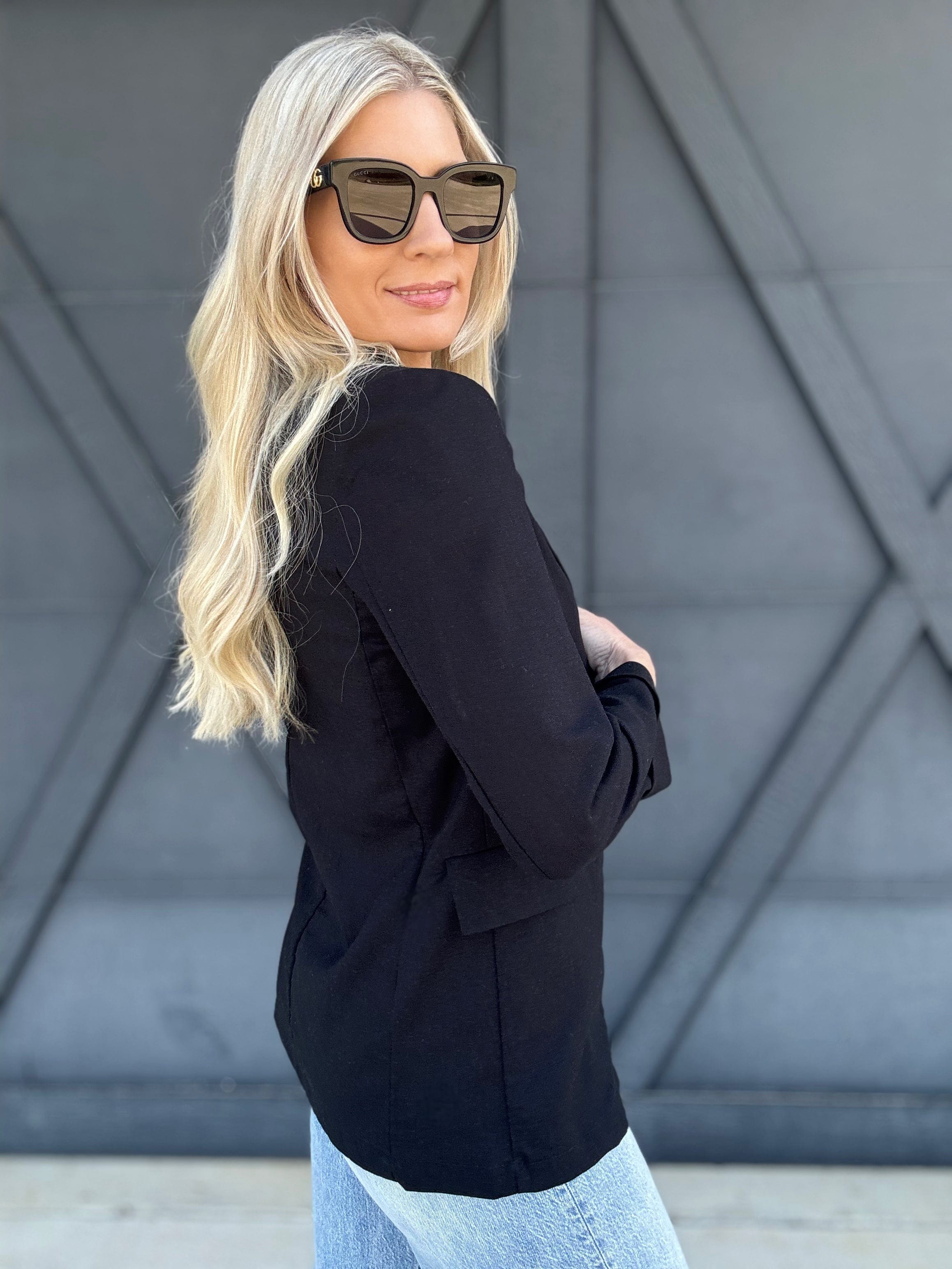 3/4 Sleeve Collared Blazer In Black - Infinity Raine