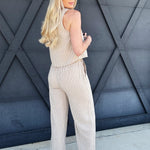 Pinstripe Sleeveless Wide Leg Pant Set In Light Khaki - Infinity Raine