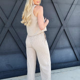 Pinstripe Sleeveless Wide Leg Pant Set In Light Khaki - Infinity Raine