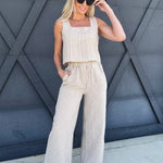 Pinstripe Sleeveless Wide Leg Pant Set In Light Khaki - Infinity Raine
