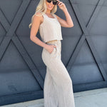 Pinstripe Sleeveless Wide Leg Pant Set In Light Khaki - Infinity Raine