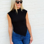 Asymmetrical Hem Mock Neck Top In Black - Infinity Raine