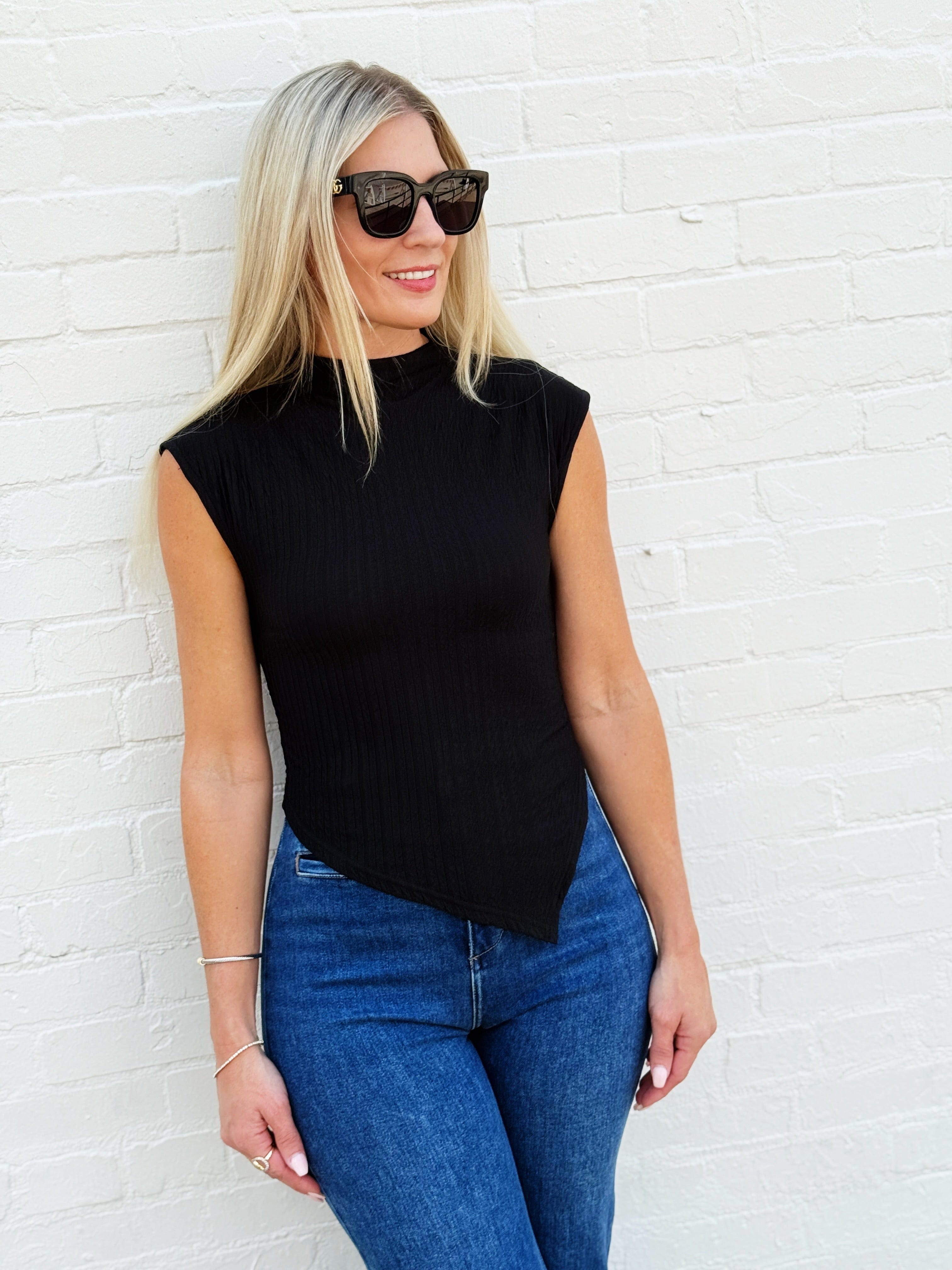 Asymmetrical Hem Mock Neck Top In Black - Infinity Raine