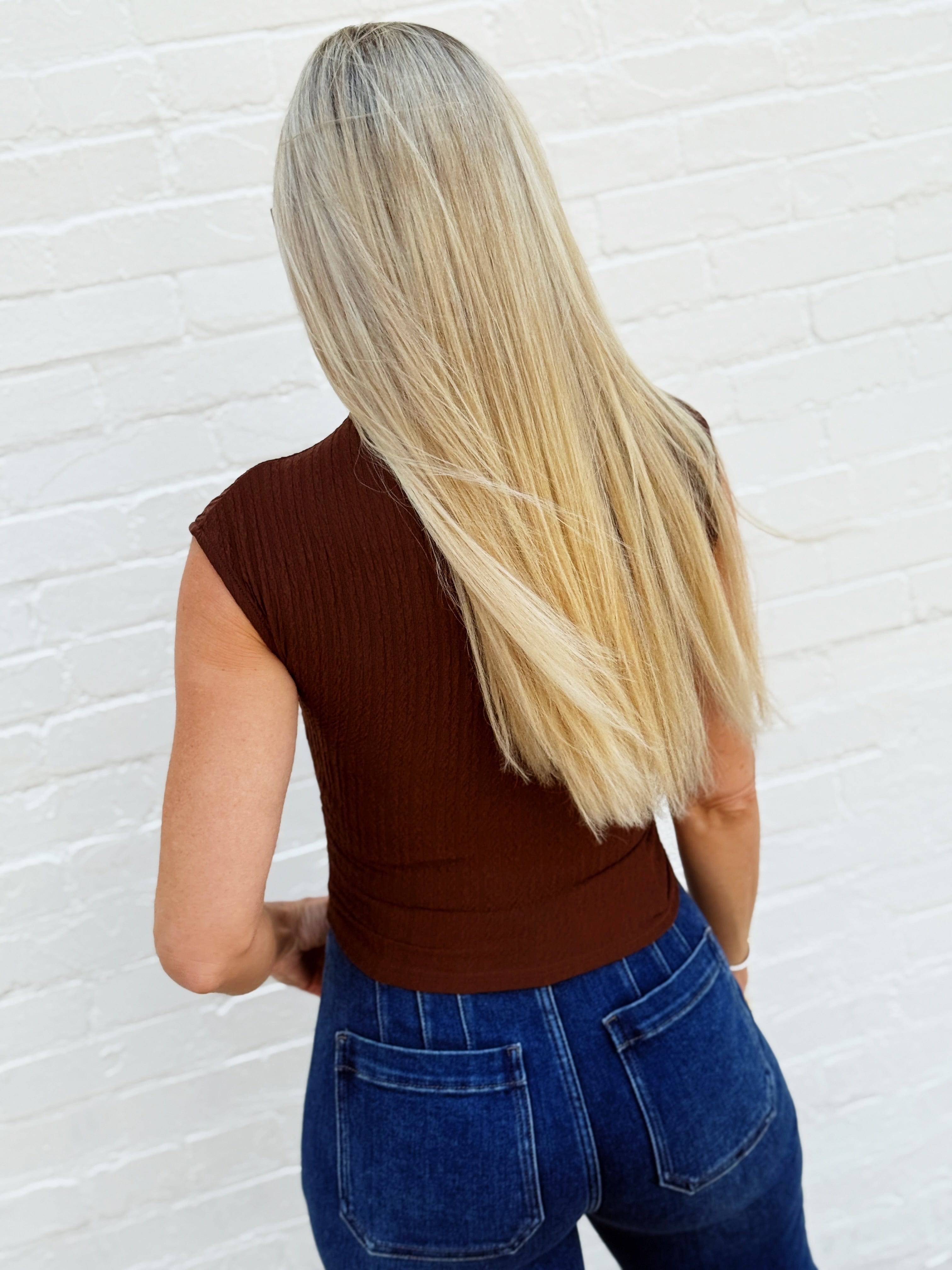 Asymmetrical Hem Mock Neck Top In Chocolate - Infinity Raine