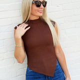 Asymmetrical Hem Mock Neck Top In Chocolate - Infinity Raine