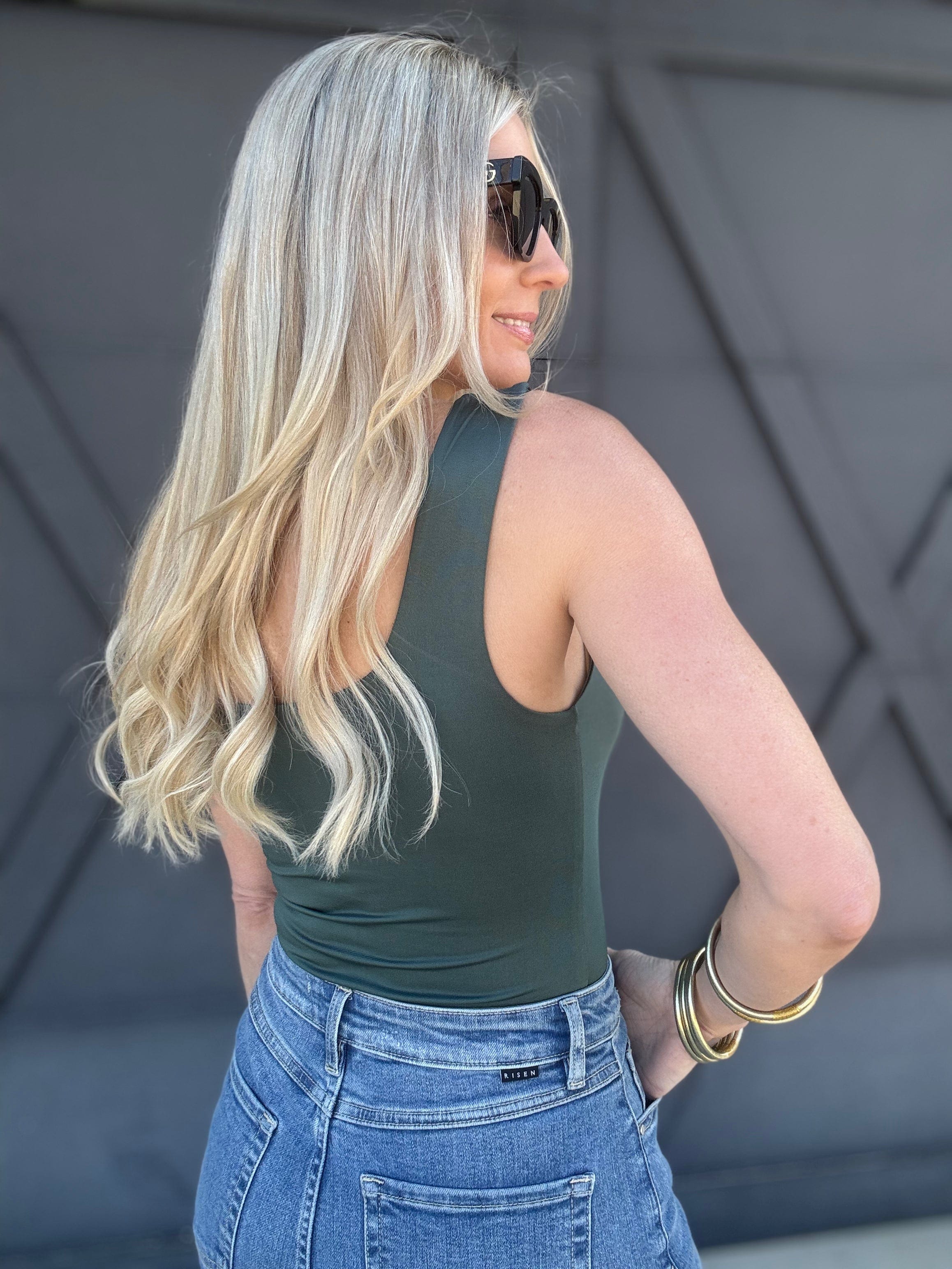 Reversible Square Neck Knit Tank Bodysuit In Forest Green - Infinity Raine