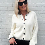 Contrast Stitch Button Down Sweater In Cream - Infinity Raine