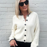 Contrast Stitch Button Down Sweater In Cream - Infinity Raine