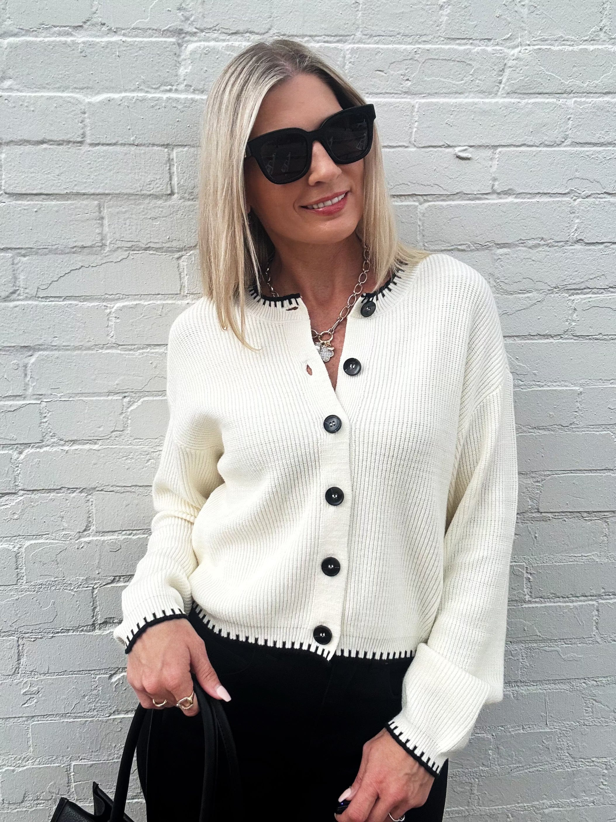 Contrast Stitch Button Down Sweater In Cream - Infinity Raine