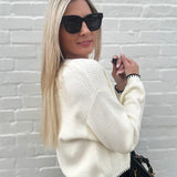 Contrast Stitch Button Down Sweater In Cream - Infinity Raine