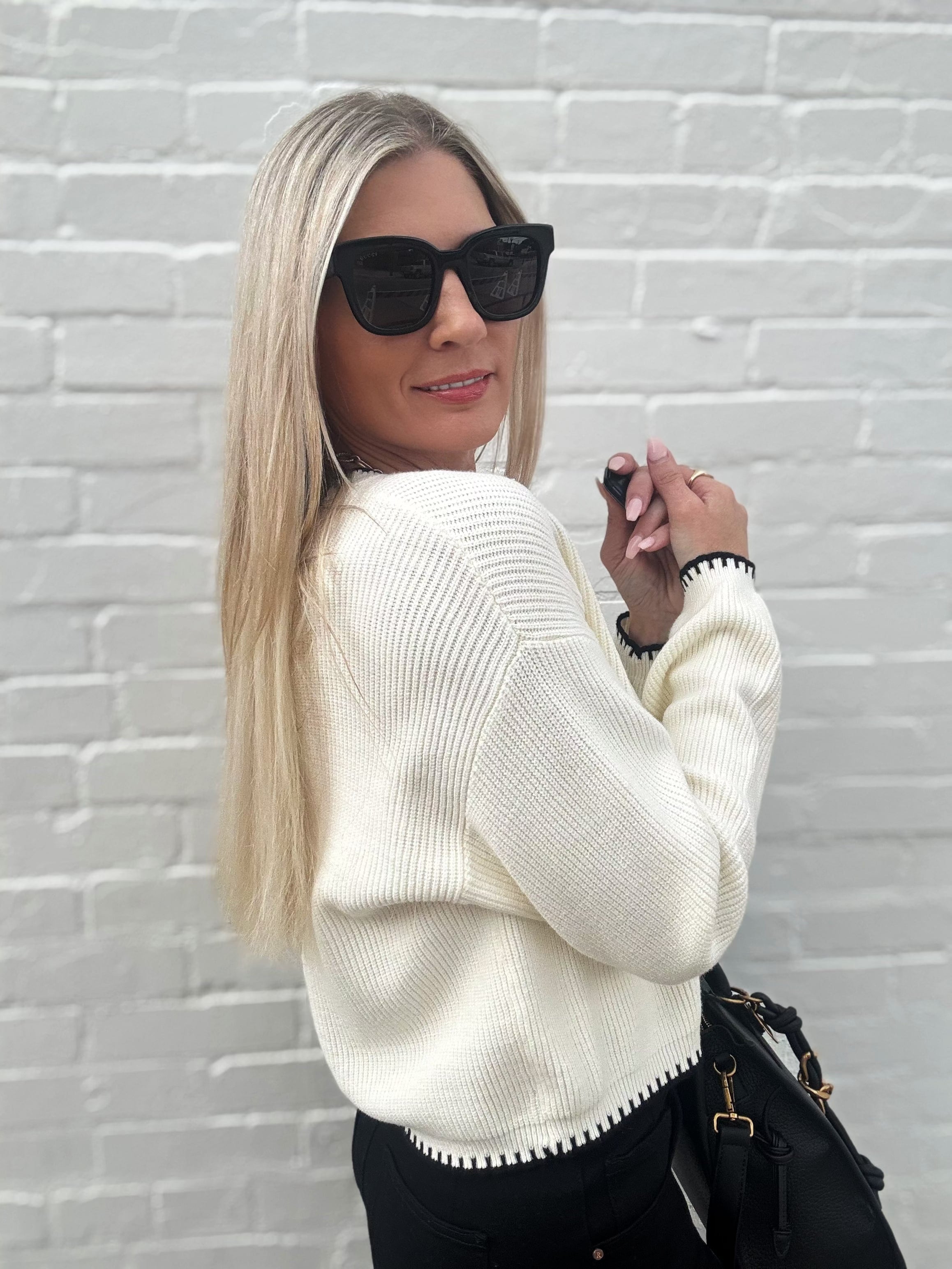 Contrast Stitch Button Down Sweater In Cream - Infinity Raine