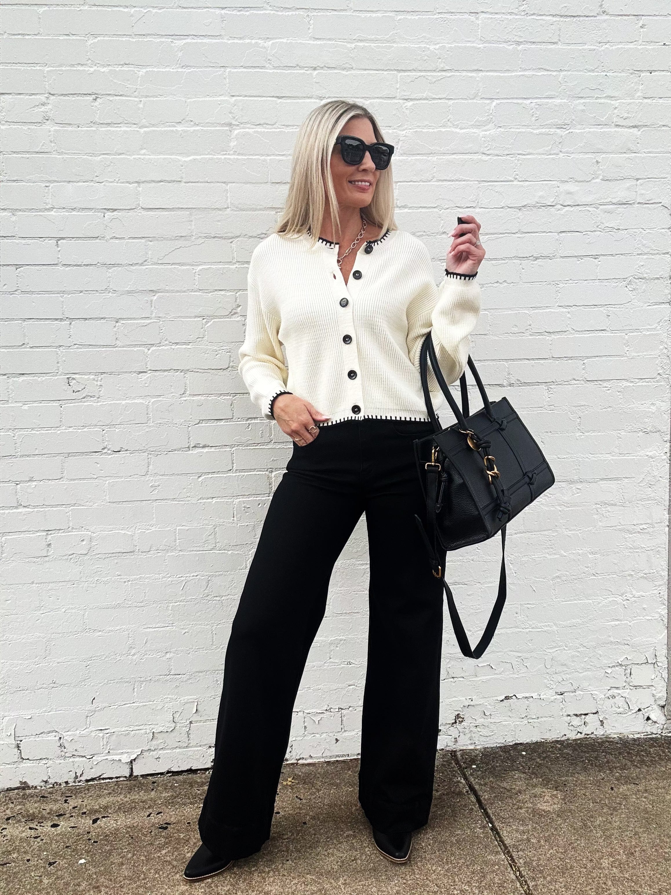 Contrast Stitch Button Down Sweater In Cream - Infinity Raine