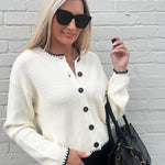 Contrast Stitch Button Down Sweater In Cream - Infinity Raine