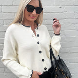 Contrast Stitch Button Down Sweater In Cream - Infinity Raine