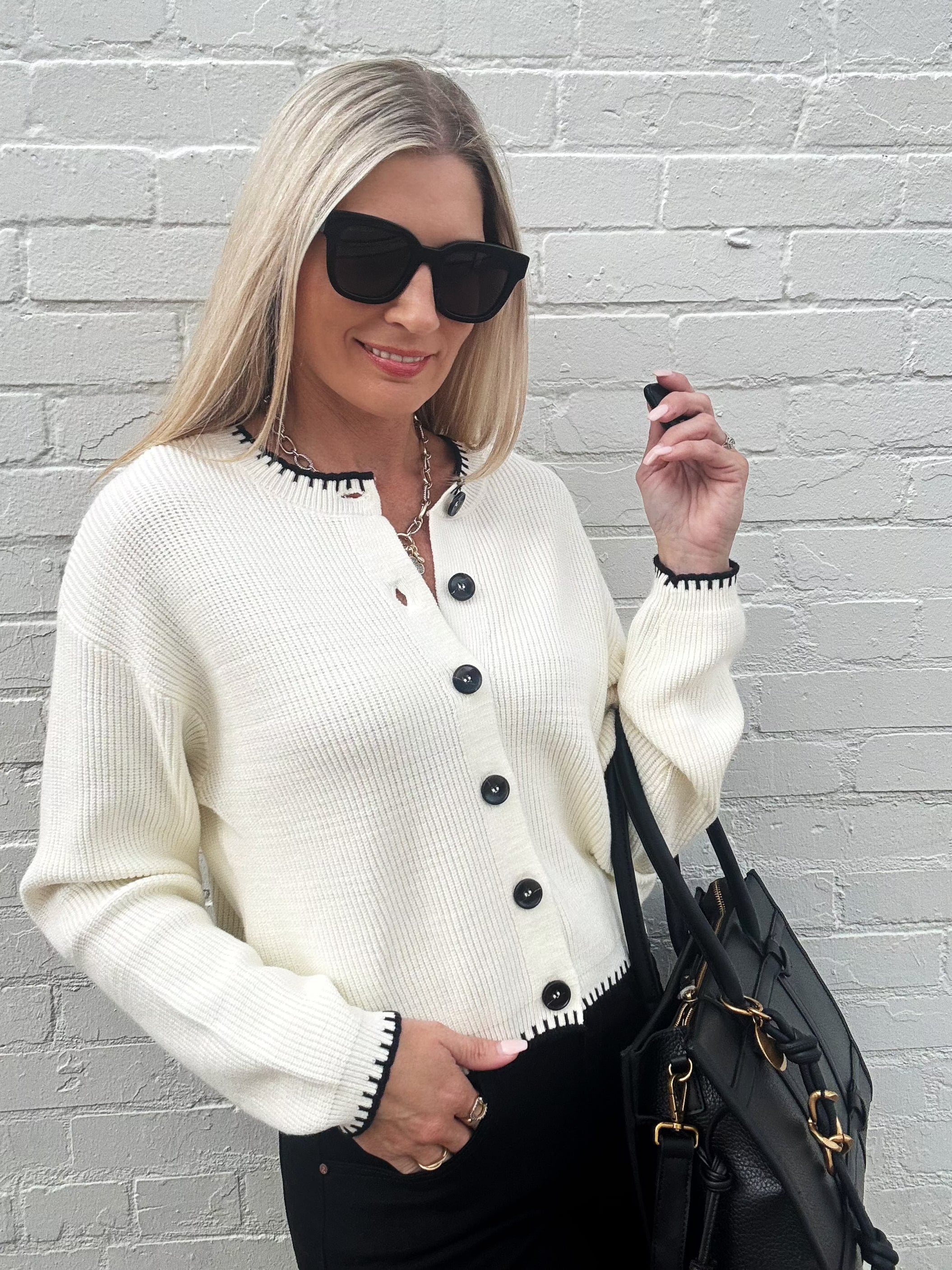 Contrast Stitch Button Down Sweater In Cream - Infinity Raine
