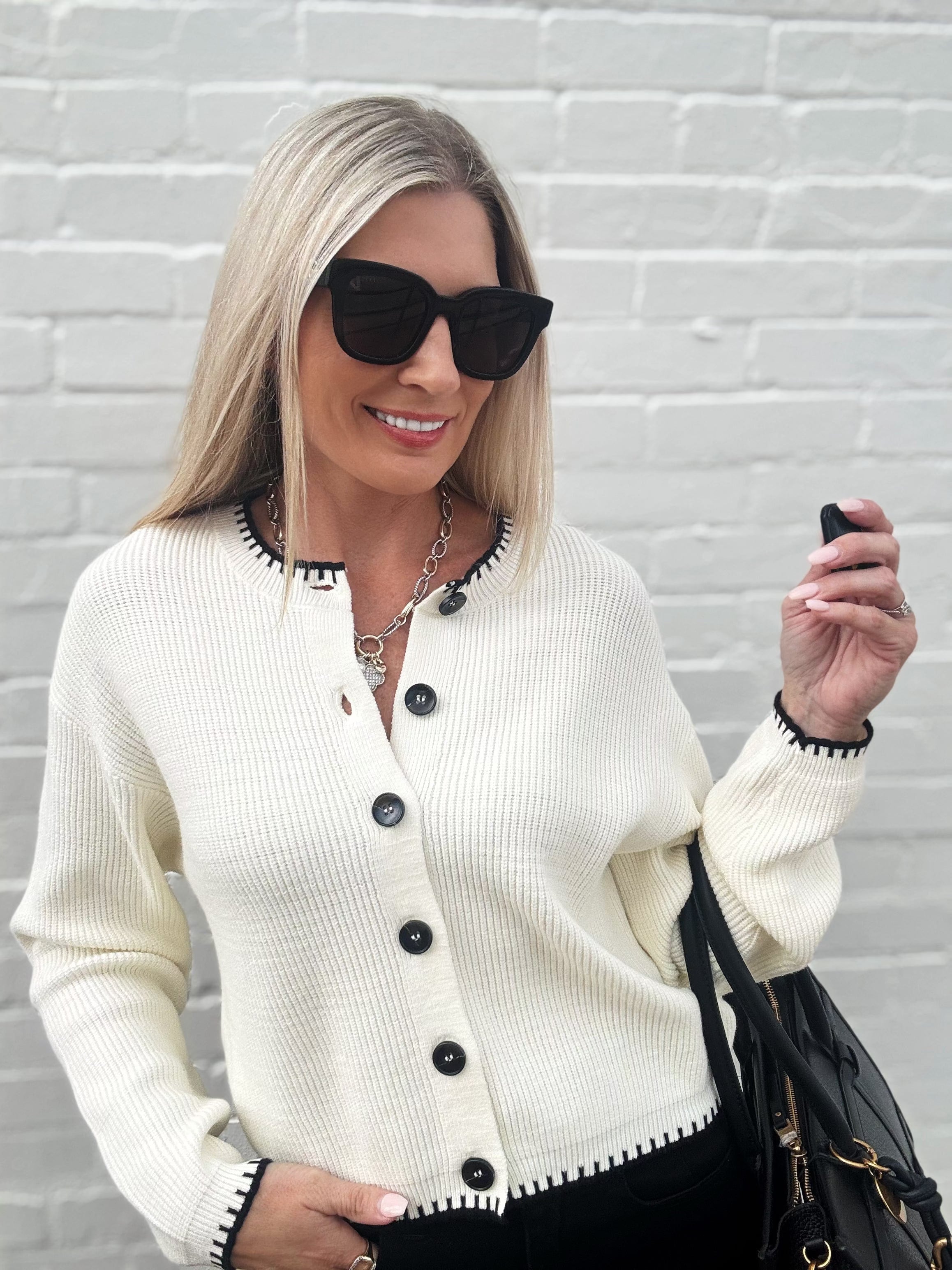 Contrast Stitch Button Down Sweater In Cream - Infinity Raine