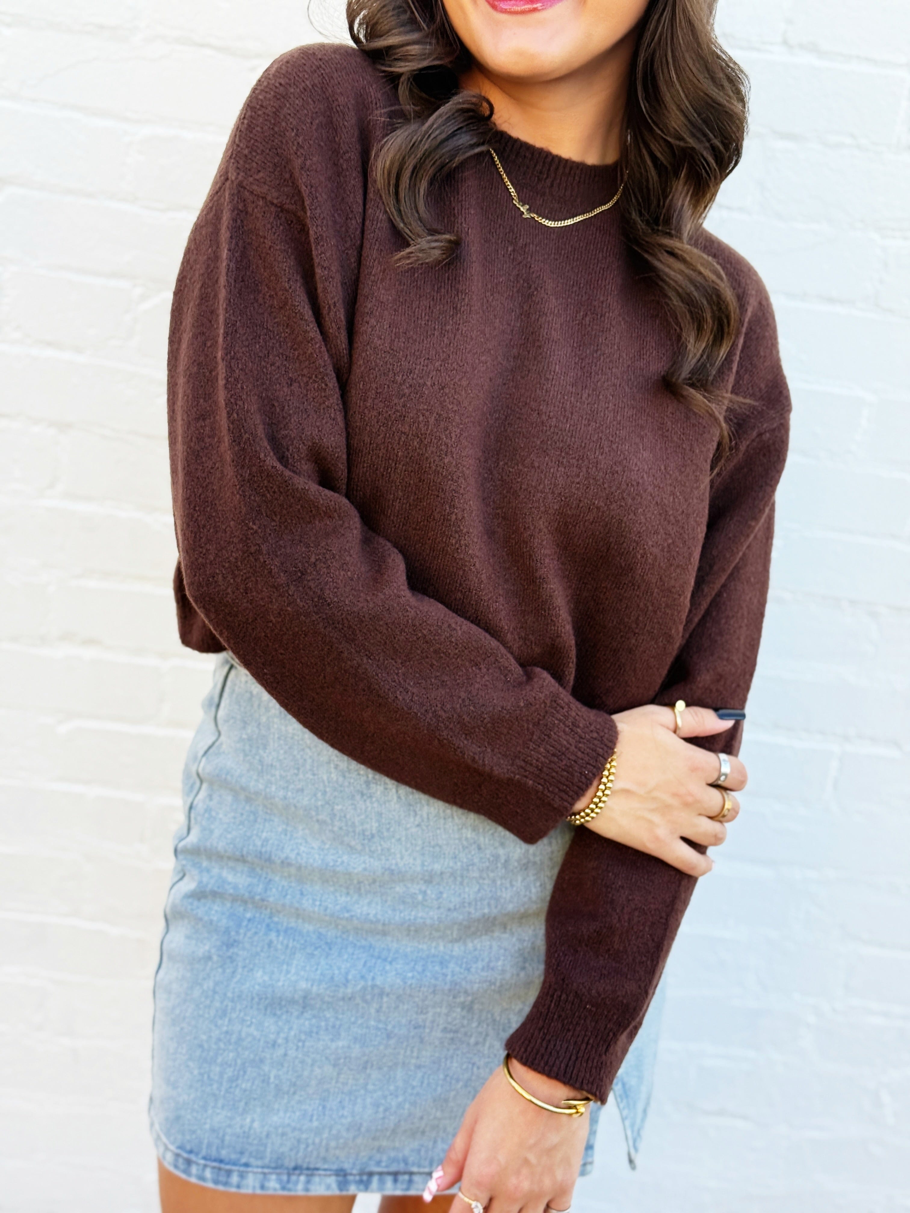 Crewneck Cropped Sweater in Brown - Infinity Raine