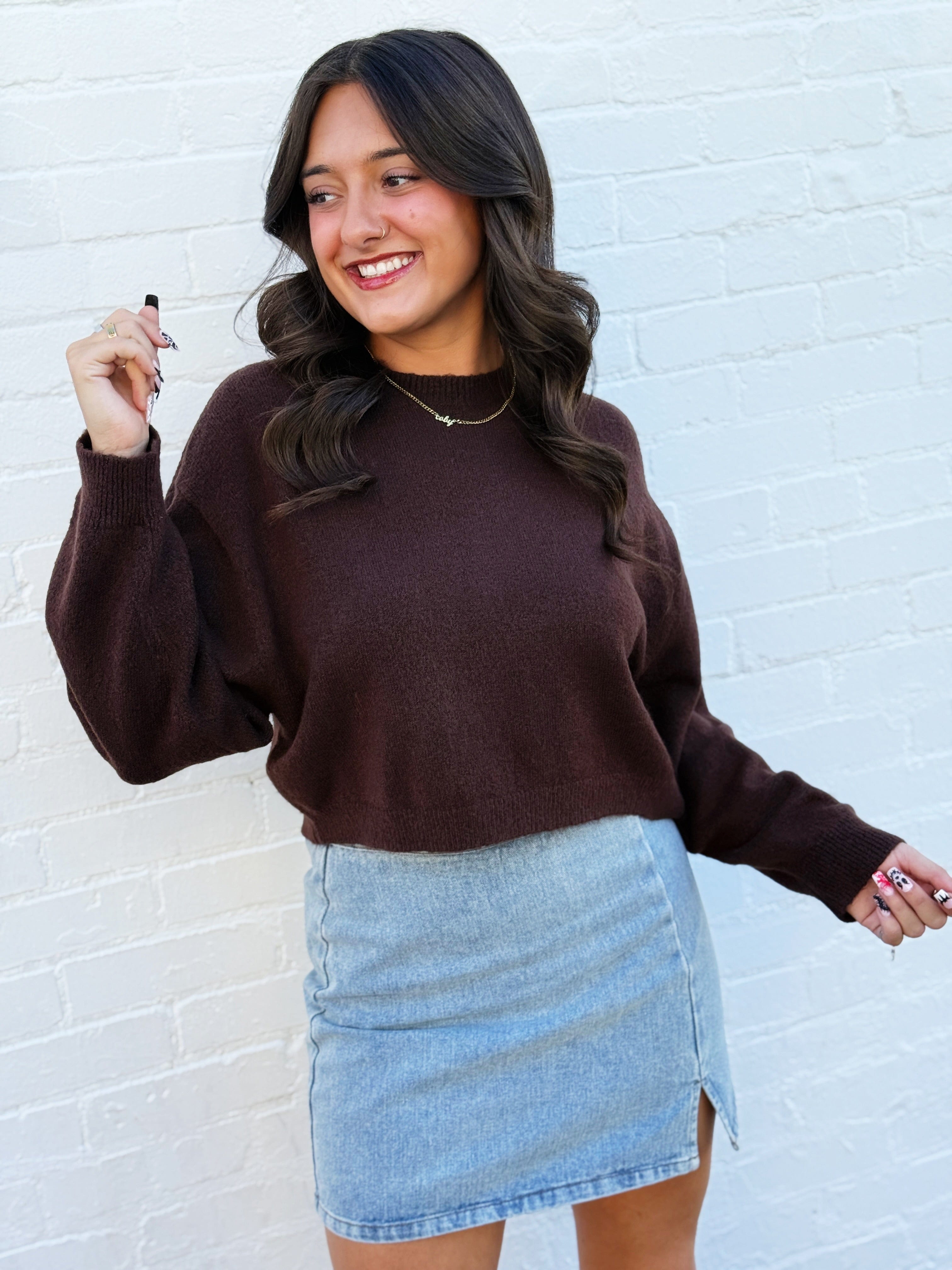 Crewneck Cropped Sweater in Brown - Infinity Raine