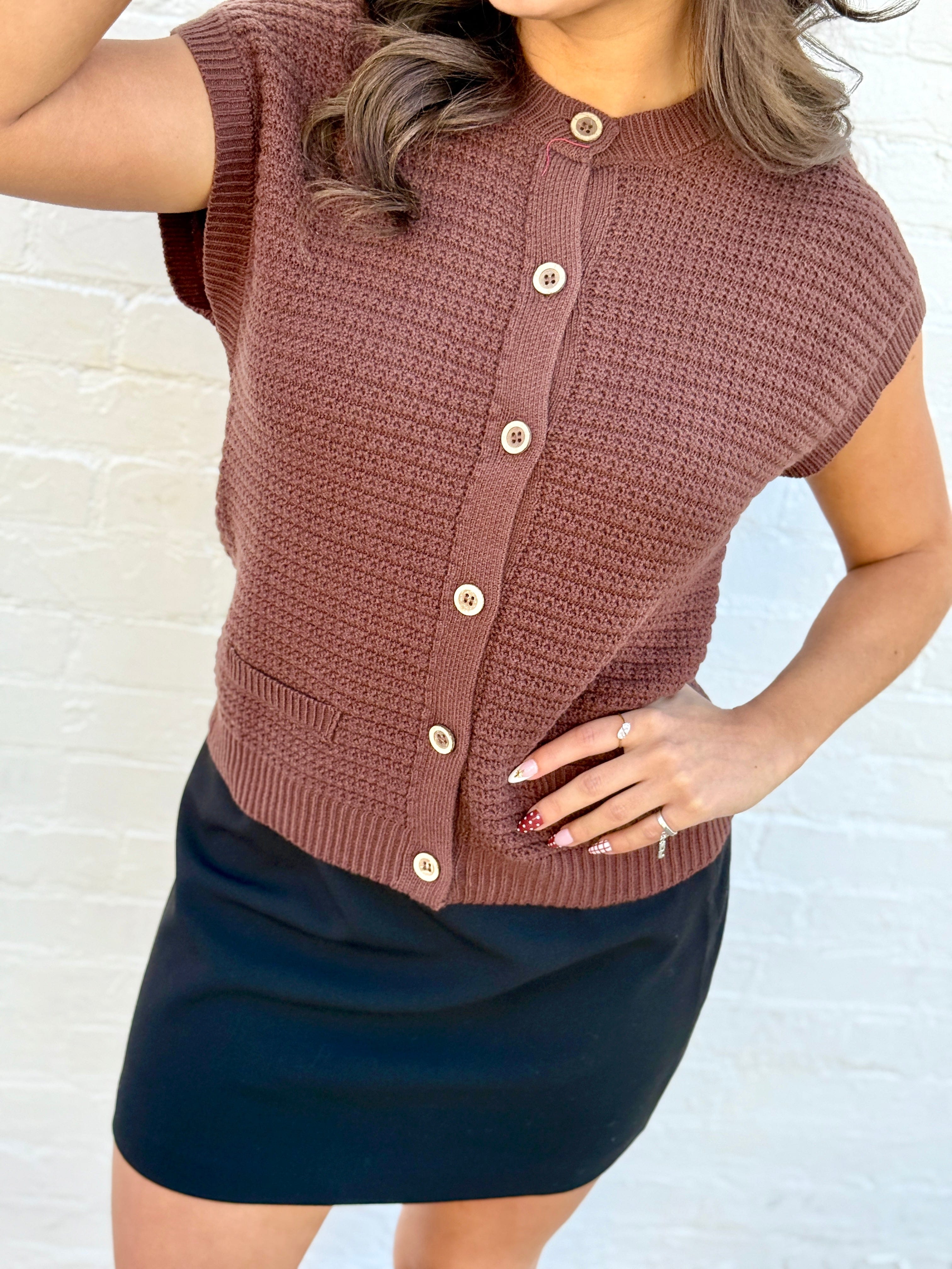 The Workshop Studio Tops - Sweaters Round Neck Button Sweater In Chocolate